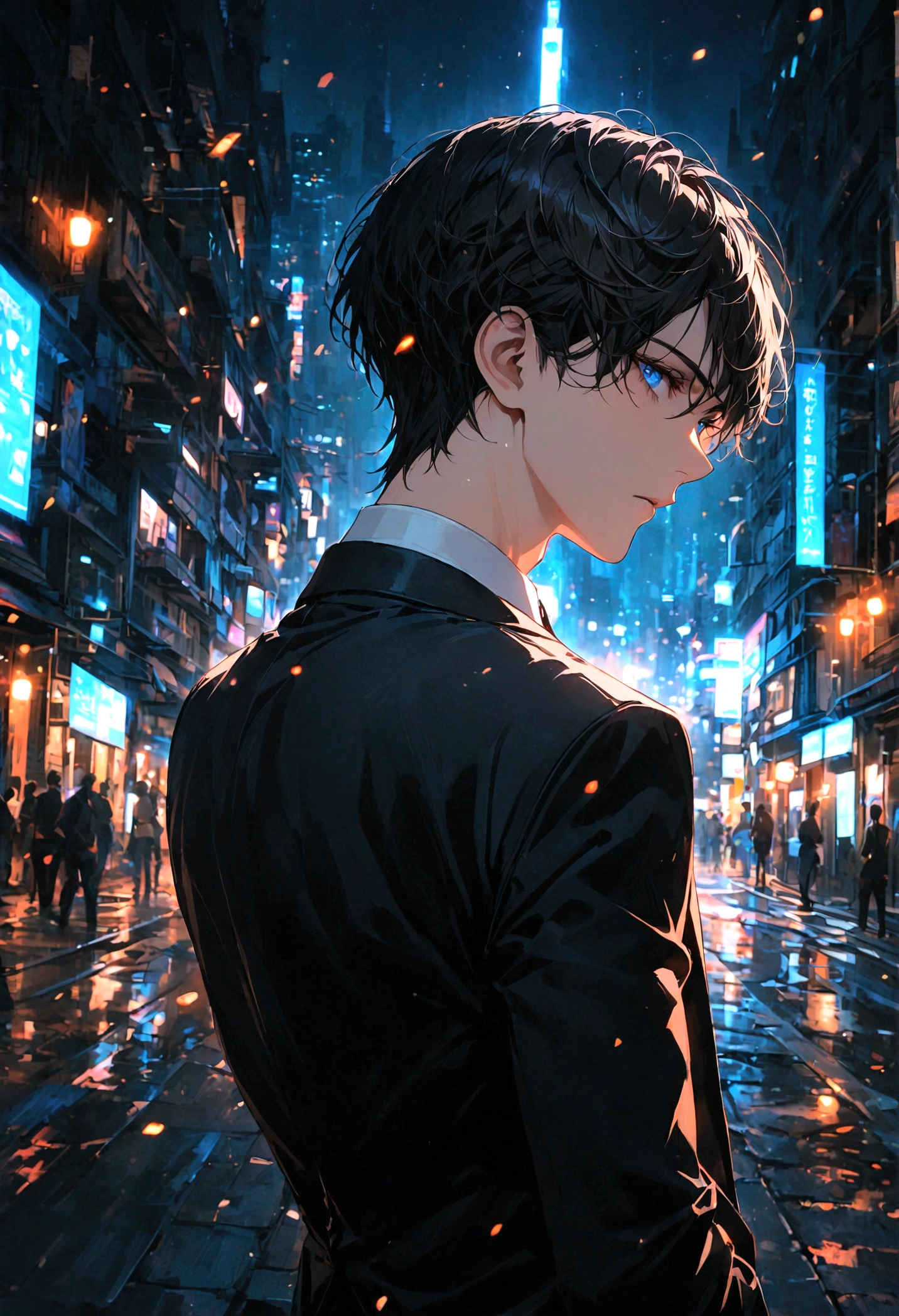 A young man with black hair and blue eyes in a black suit turned his back and half his face in the middle of the city at night.
