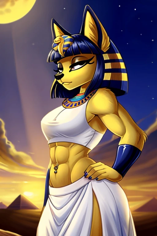 ((best quality)), ((masterpiece)), (detailed), a digital artwork of ankha with abs wearing a crop top of her white sleeveless dress outfit with white long dress skirt,  a bare midriff and a bare navel, sideview, Egypt setting, navel piercing, 