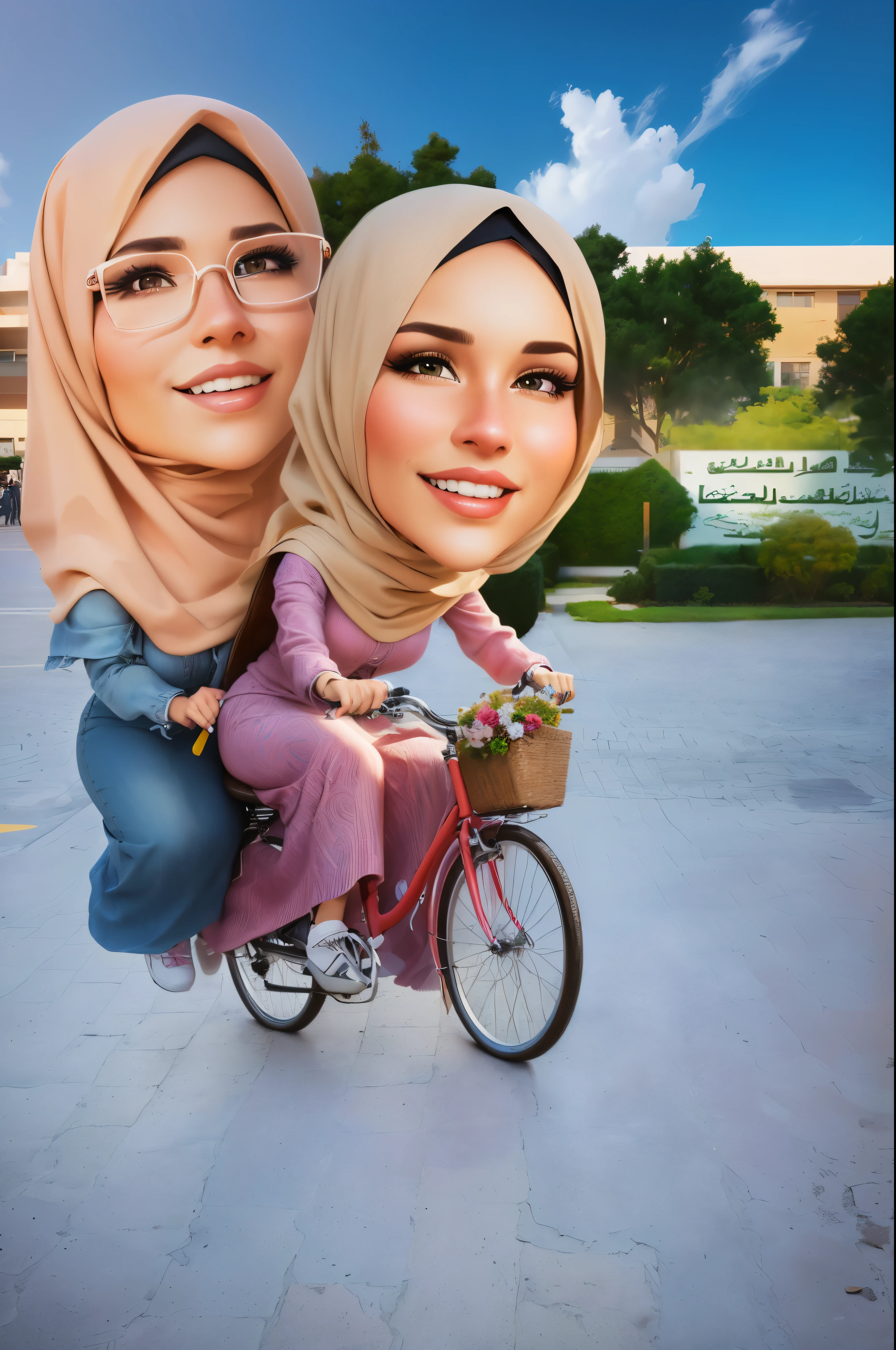 cartoon of two hijab woman riding a bike, caricature illustration, caricature!!!, caricature, cartoon digital art, realism artstyle, caricature style, 3 d cartoon, cartoon artstyle, digital art cartoon, cartoon digital painting, cartoon portrait, realistic 3d, realistic cartoon, cartoon art, in cartoon style, realism art, by Abidin Dino