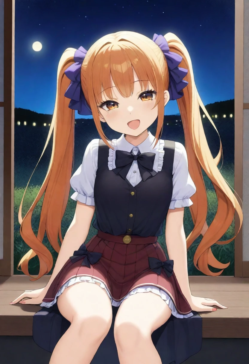 1girl, winking girl, star iris, long pigtails, random outfit, cute outfit, orange hair, nice night,AddXL,little_girl, sitting, red long hair, outfit random,