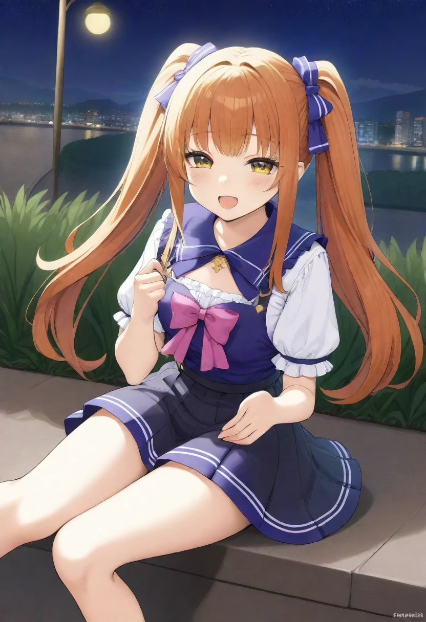 1girl, winking girl, star iris, long pigtails, random outfit, cute outfit, orange hair, nice night,AddXL,little_girl, sitting, red long hair, outfit random, 