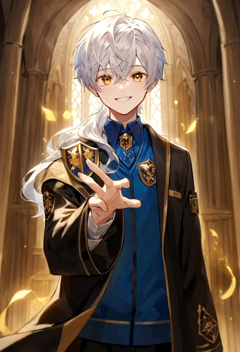 Ravenclaw uniform, Ravenclaw emblem, black robe. Beautiful face boy. Very smart. white Hair. Amber yellow eyes. Hogwarts. Cheerful. Smile. Blue clothes