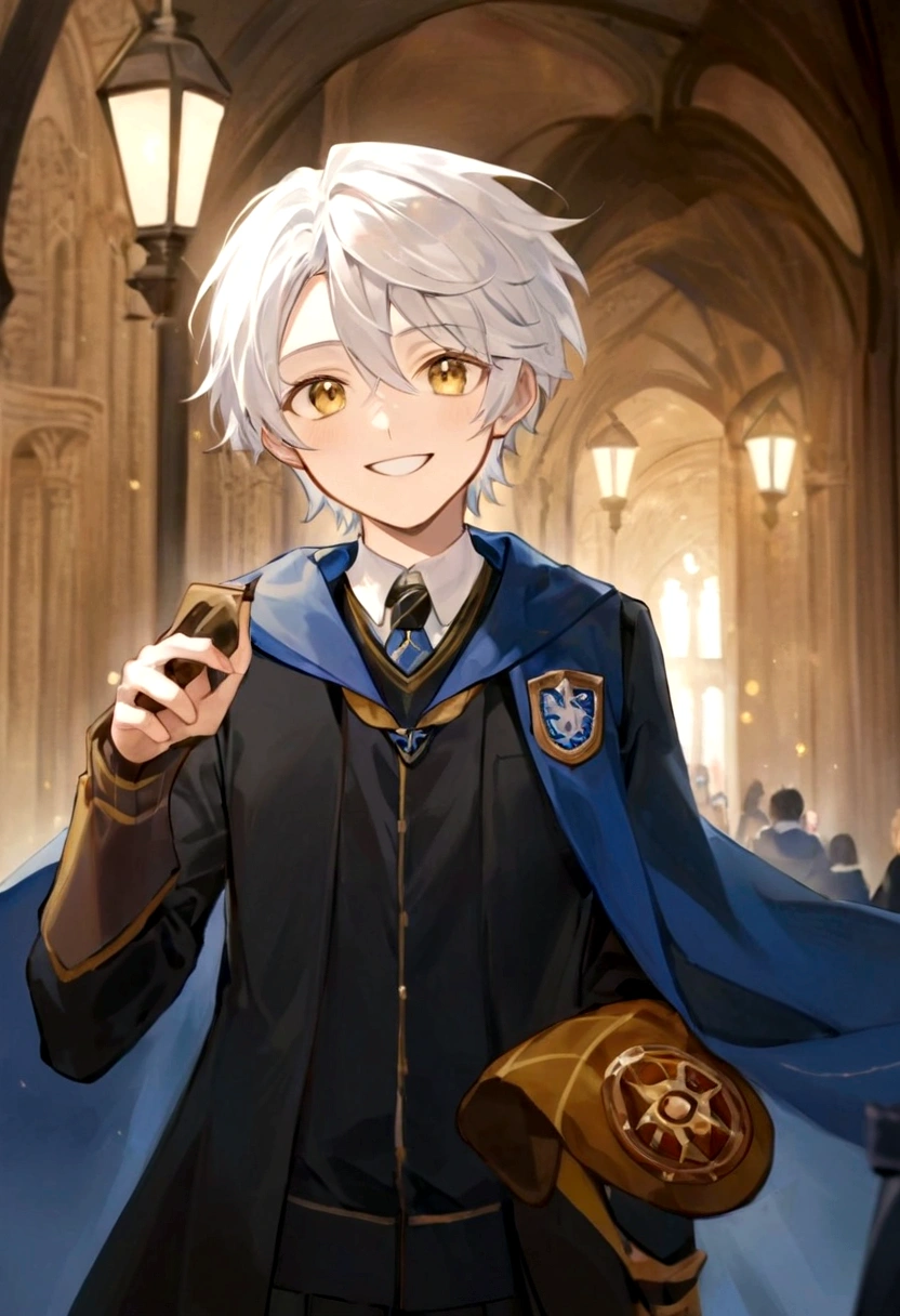 Ravenclaw uniform, Ravenclaw emblem, black robe. Beautiful face boy. Very smart. white Hair. Amber yellow eyes. Hogwarts. Cheerful. Smile. Blue clothes