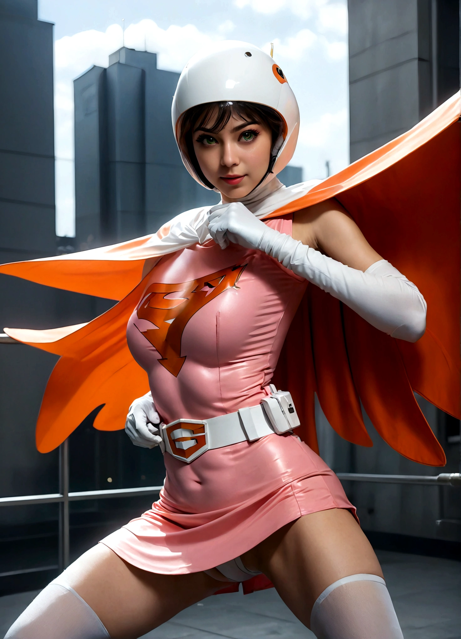 ((masterpiece)), ((highest quality)), ((High resolution)), ((Very detailed CG unity 8k wallpaper)), Beautifully detailed, Very detailed, 16k, Exquisite, Absurd, Beautiful background, Beautiful Eyes, Beautiful Skin, Beautiful Face, Outdoor, Day, Face Focus, View Viewer, alone, Concentrated, Dutch Angle Break, Hi3JTS, Jun The Swan, 1Girl, Glossy lips, Green Eyes, Big eyes, (We say:1.2), Lip mites, compensate, eyelash, eye shadow, A kind smile, attractive, (See-through orange visor:1,5), Helmet, Cape, Elbow hand pockets, Knee socks, belt, White gloves, zettai ryouiki, mask, skirt, White legwear, Superhero, leotard, Spacesuit, Pink Dress, white Cape, pink leotard, pink skirt, Short dress, White long gloves, White long boots, Gloss, Breaking the dynamism, Sweat, Sweatdrop, Browsing Caution, (action poses:1.2), Perfect hands, Perfect legs, Perfect Anatomy,
