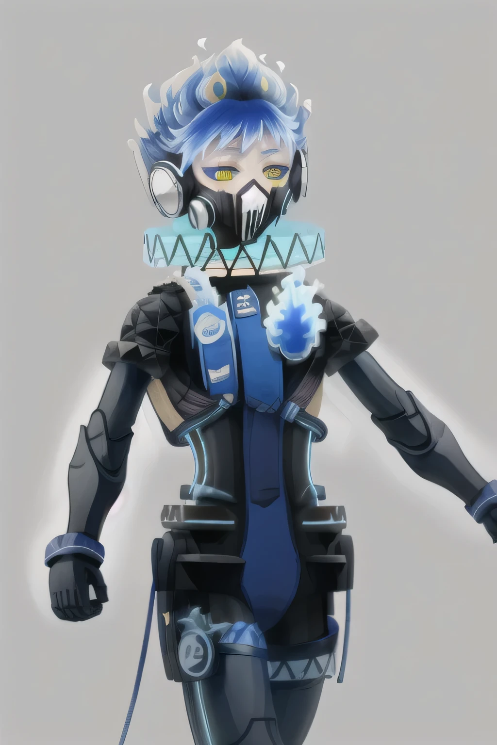 solo, male focus, 1boy, orthoshroud, respirator, looking at viewer, fiery hair, blue fire, headphones, respirator, mechanical parts, robot joints