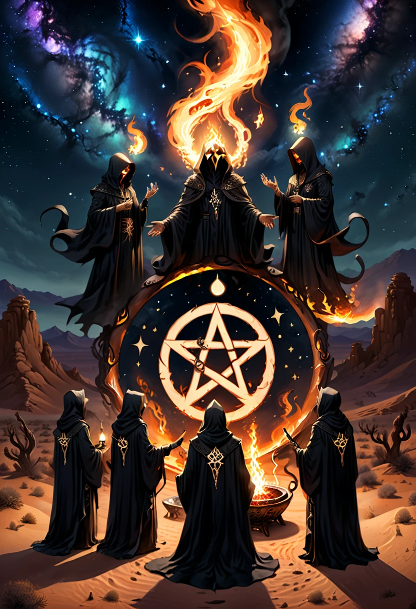 Cthulhu style, tentacle, on the wilderness, a group of people in black robes form a circle, with the burning pentagram pattern and burning brazier in the middle. They look up at the starry sky and sing ancient spells in their mouth. The main body of the picture is desert and starry sky, the background is full of stars, (masterpiece, best quality, Professional, perfect composition, very aesthetic, absurdres, ultra-detailed, intricate details:1.3)