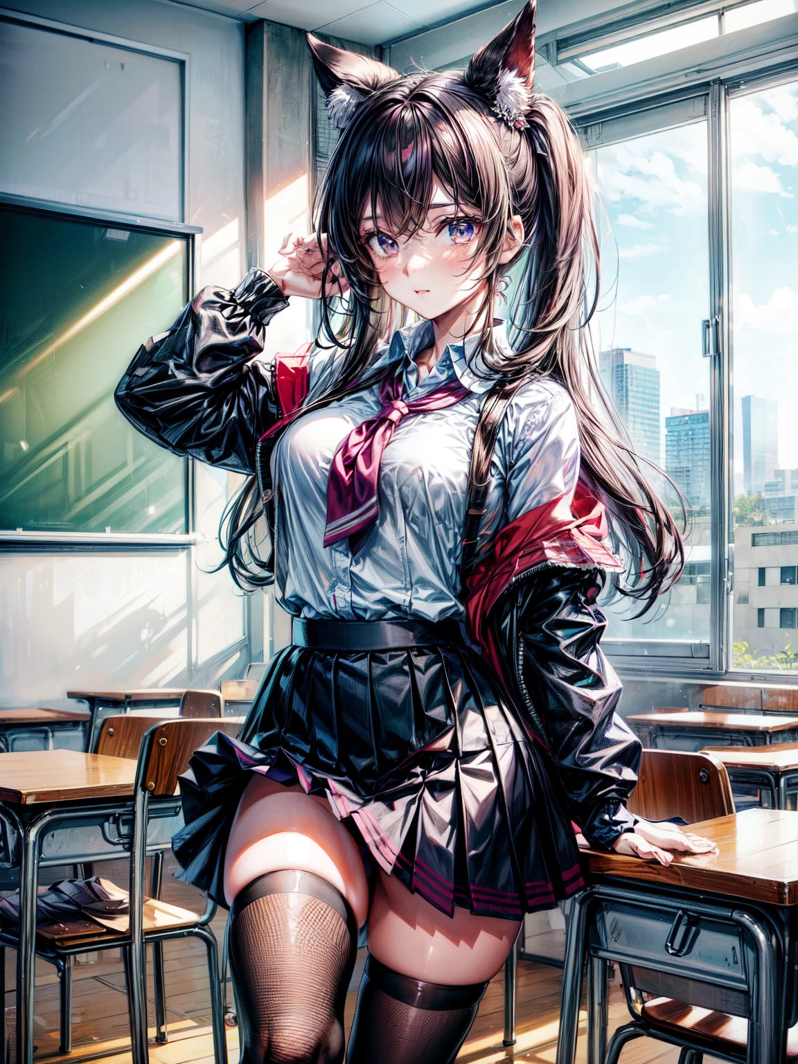 arafed woman in a skirt posing in a classroom, cute , a hyperrealistic , cute pose, kawaii,hyperrealistic , realistic , school girl, dressed as , wearing , wearing skirt, of a posing, wearing a , japanese model, girl wearing uniform, thighhighs and skirt, bare chested. No shirt on