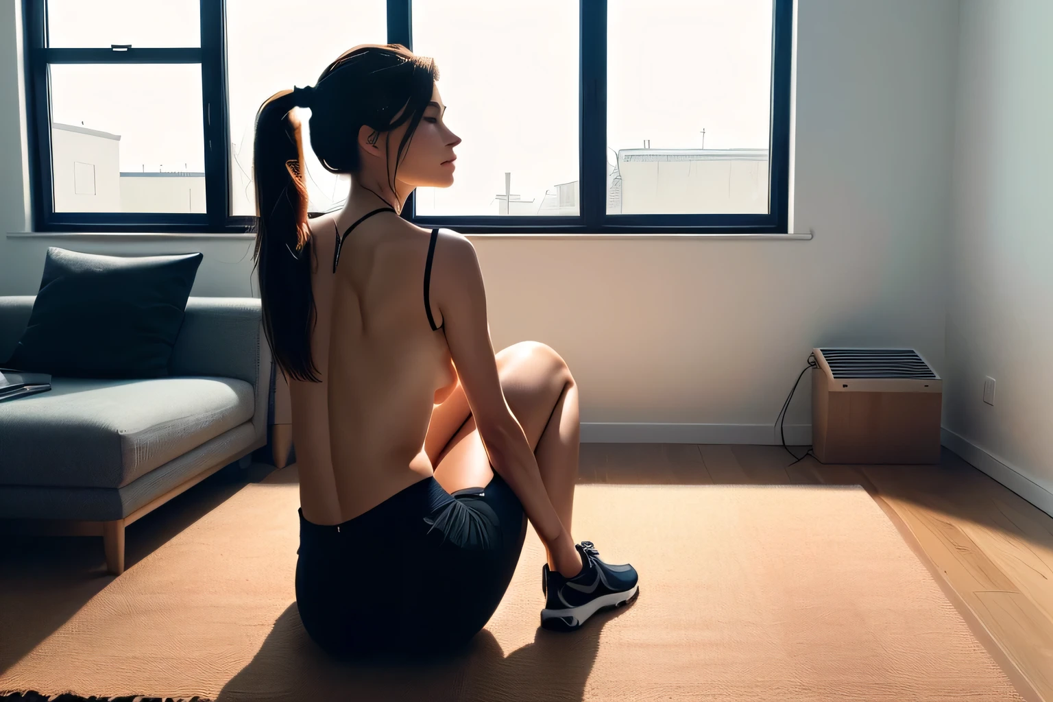 The image shows a 45-year-old woman sitting on a red carpet, the floor in a remote-controlled living room, sitting on the floor, sitting on bent knees, squatting pose, photo from the back, working out, photo from the back, from the back , from the back, back photo, side photo, workout, side portrait, inside photo, sitting cross-legged, back photo. She is wearing a blue sleeveless t-shirt, black shorts and sneakers. Her hair is tied up in a ponytail. The living room has white walls and a window that allows natural light to enter. There are two sofas visible in the background, one beige and the other red. The room appears to be a sitting area with natural light coming in through a window not visible in the frame.
She is wearing a blue t-shirt.
She is a beautiful woman, with white skin and dark brown hair. She is about 45 years old, 165 cm tall and weighs 56 kg. She has a perfect mouth, a perfect face. Her body exudes glamor and her face is a definition of beauty. Slender body, thin waist. Highly realistic, hyperrealism, very elaborate skin, perfect face. Clear photo, high resolution, high quality, masterpiece, 16K photo, high contrast, masterpiece, NUDE, NUDITY, NFSW.