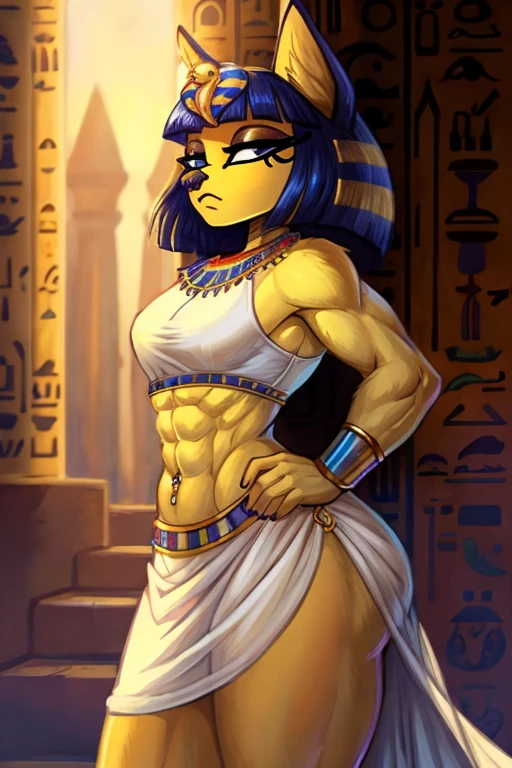 ((best quality)), ((masterpiece)), (detailed), a digital artwork of ankha with abs wearing a crop top of her white sleeveless dress outfit with white long dress skirt,  a bare midriff and a bare navel, sideview, Egypt setting, navel piercing, 