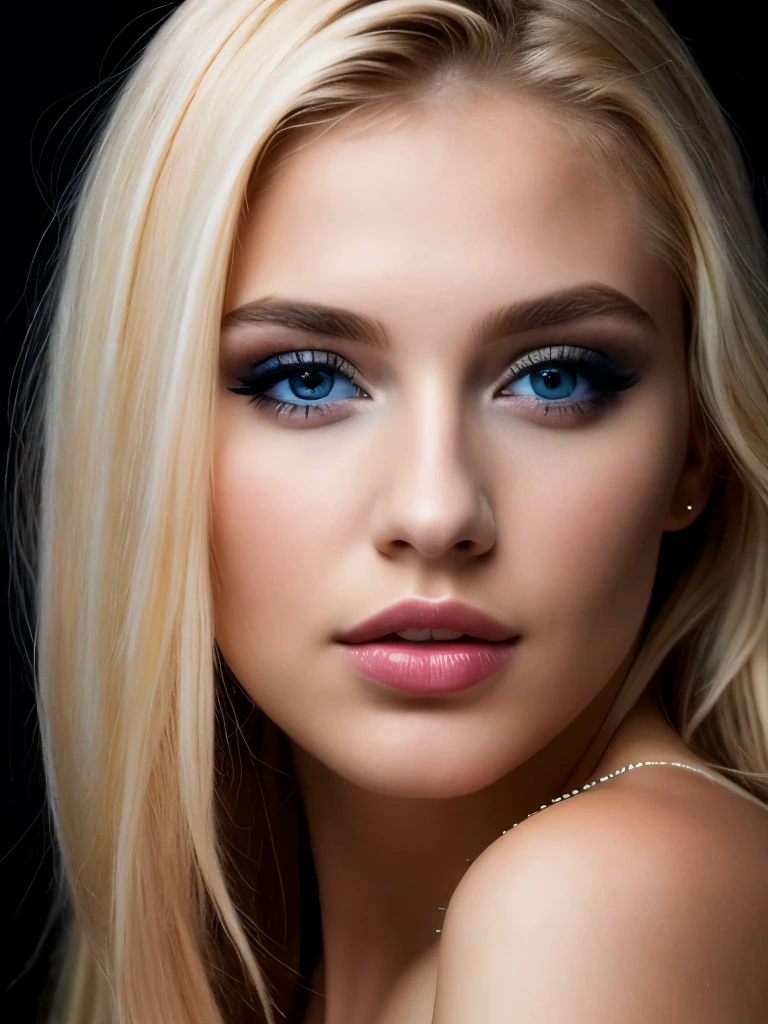 23 year old blonde and makeup artist, Photorealism, studio photo on a very dark black background, fashion, blonde hair with light brown roots, blond hair, Hair with brown roots, Blue eyes, beautiful woman, foreground, High quality, realistic face beautiful nose plump lips