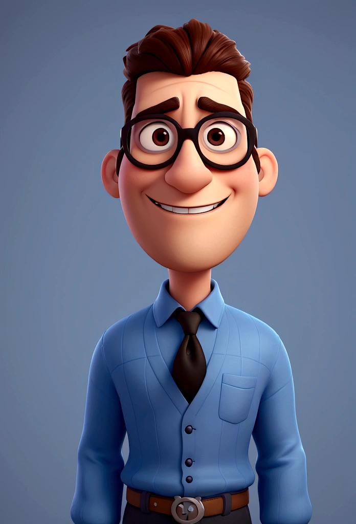 Cartoon character of a man in black glasses and blue shirt, animation character, Caractere estilizado, animation style rendering, 3D estilizado, Arnold Maya rendering, Stylized 3D rendering, toon render screenshot, Personagem 3D, Personagem 3D, Stylized 3D rendering, 3D character rendering, personagem de desenho animado, Personagem de close up, Pose de personagem, (Estilo Pixar) (parte mestre:1.2) (Bokeh) (melhor qualidade) (pele detalhada) (textura detalhada) (8K) (argila) (cinematic lighting) (sharp focus