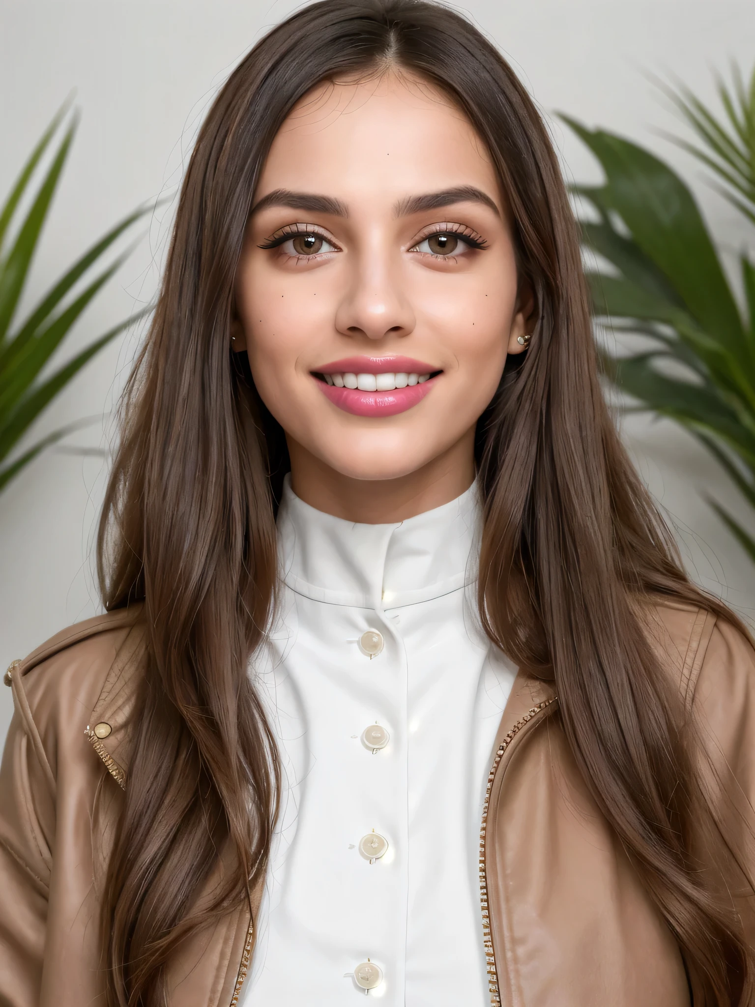 (8k, highest quality, ultra high resolution, photorealistic:1.4, UHD, ultra detailed:1.37, mid-range image),1girl, in a dentist clinic, white teethes, small nose, big eyes, 18yo, black jacket, light brown eyes, small head, acne,bad skin,small nose, acne skin, real, thick hair, super realistic detailed eyes, super realistic detailed teethes, Arab women, modest, attractive smile, white teeth, showcases her unique fashion sense in a trendy setting. The high-resolution image captures ultra-detailed realism, highlighting confident pose, captivating eyes, big eyes, and flawless complexion