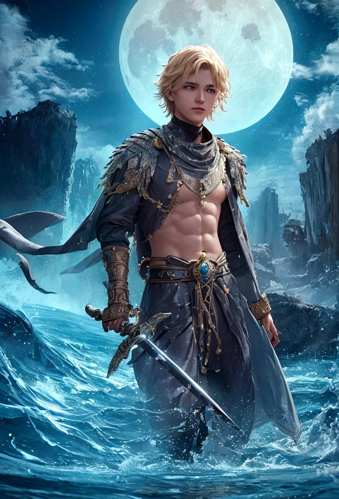 In a mesmerizing silhouetted scene of a giant moon with its surface marked by vividly detailed craters, with radiant sunlight, in a fantastical world bathed in ethereal light, a lone young man who is carrying a sword stands confidently on a serene beach, looking forward with determination in her eyes, with blue waves gently kissing the shore. Behind him, the landscape is both familiar and otherworldly, with ancient structures partially submerged in water, giving the impression that once upon a time there was a great civilization, now in ruins. He has spiky blond hair that shines in the sun, a reflection of his vibrant and adventurous spirit. Around the neck hangs a distinctive pendant, reflecting the light with a touch of mystery. In his hand he holds an enormous sword, beautifully crafted and ornamented with stones, its blade glowing with a magical aura, suggesting that this weapon is not just for combat. The atmosphere is filled with a sense of tranquility, mystery, serenity and adventure. The young man looks at the horizon with a determined and victorious expression, as if he is ready to embark on a new journey, face an imminent challenge or cast a powerful spell. ((frontside)) ((8k)
