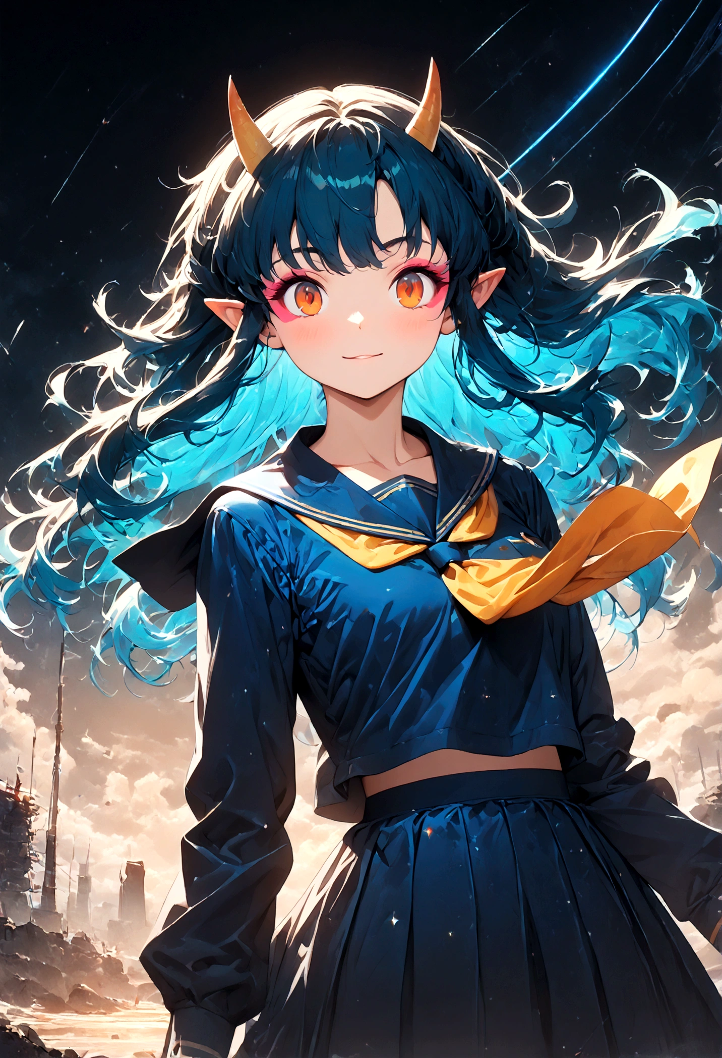 (1 girl,Lum, long hair, bangs, blue hair, orange eyes, horns, pointy ears, aqua hair, oni horns, eyeshadow,),shirt, long sleeves, , serafuku, sailor collar, neckerchief, yellow neckerchief, shirt, blue shirt, blue sailor collar, blue skirt,,the character Lum from "Urusei Yatsura",Bright and cheerful atmosphere,Background elements such as space or a starry sky,(masterpiece:1.3),(highest quality:1.4),(ultra detailed:1.5),High resolution,extremely detailed,unity 8k wallpaper