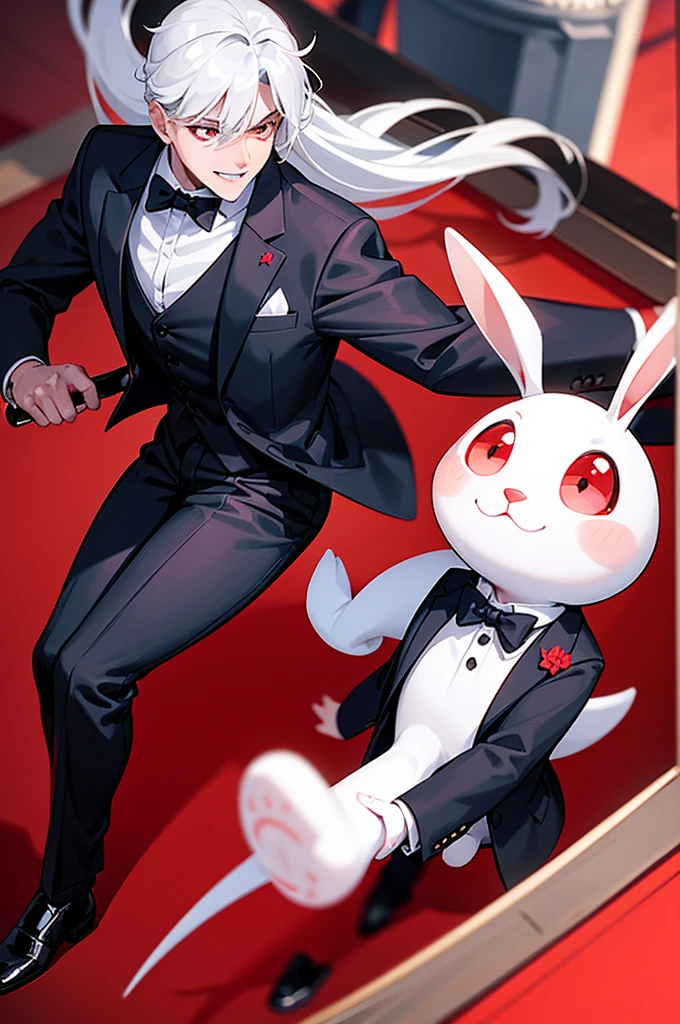 Adorable and whimsical, a tiny white rabbit with bright red eyes and a playful expression, playfully nibbling at the air with a goofy grin.

Dapper and mature, a man in a tailored suit, tapping his black cane against the ground rhythmically, exuding an air of sophistication.