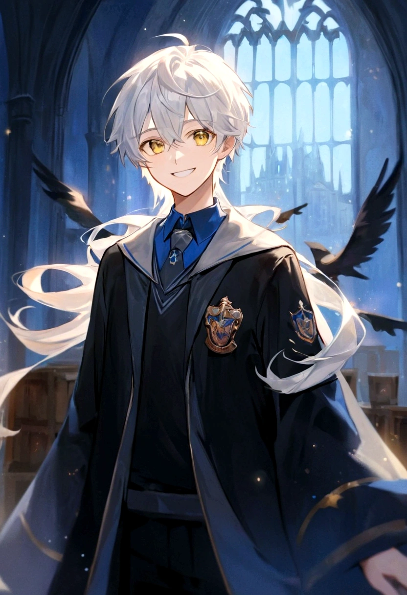 Ravenclaw uniform, Ravenclaw emblem, black robe. Beautiful face boy. Very smart. white Hair. Amber yellow eyes. Hogwarts. Cheerful. Smile. Blue clothes
