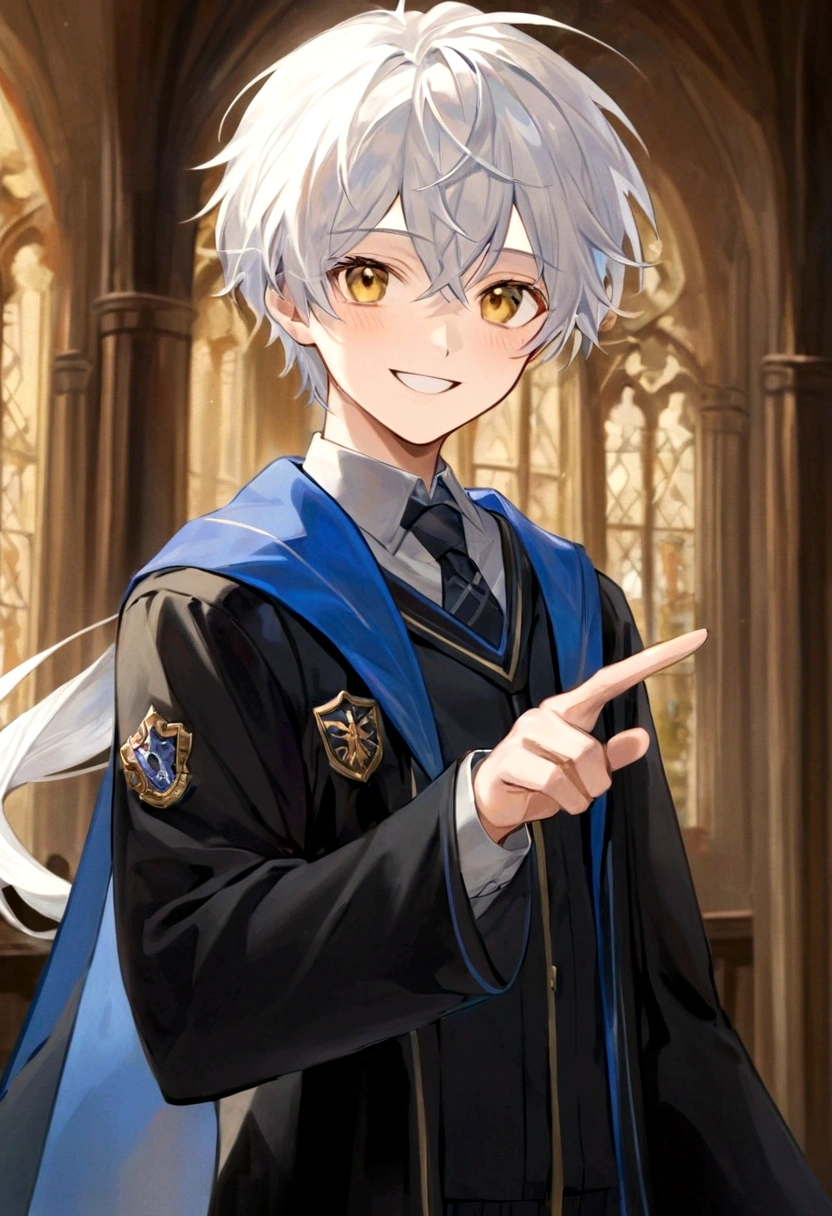 Ravenclaw uniform, Ravenclaw emblem, black robe. Beautiful face boy. Very smart. white Hair. Amber yellow eyes. Hogwarts. Cheerful. Smile. Blue clothes