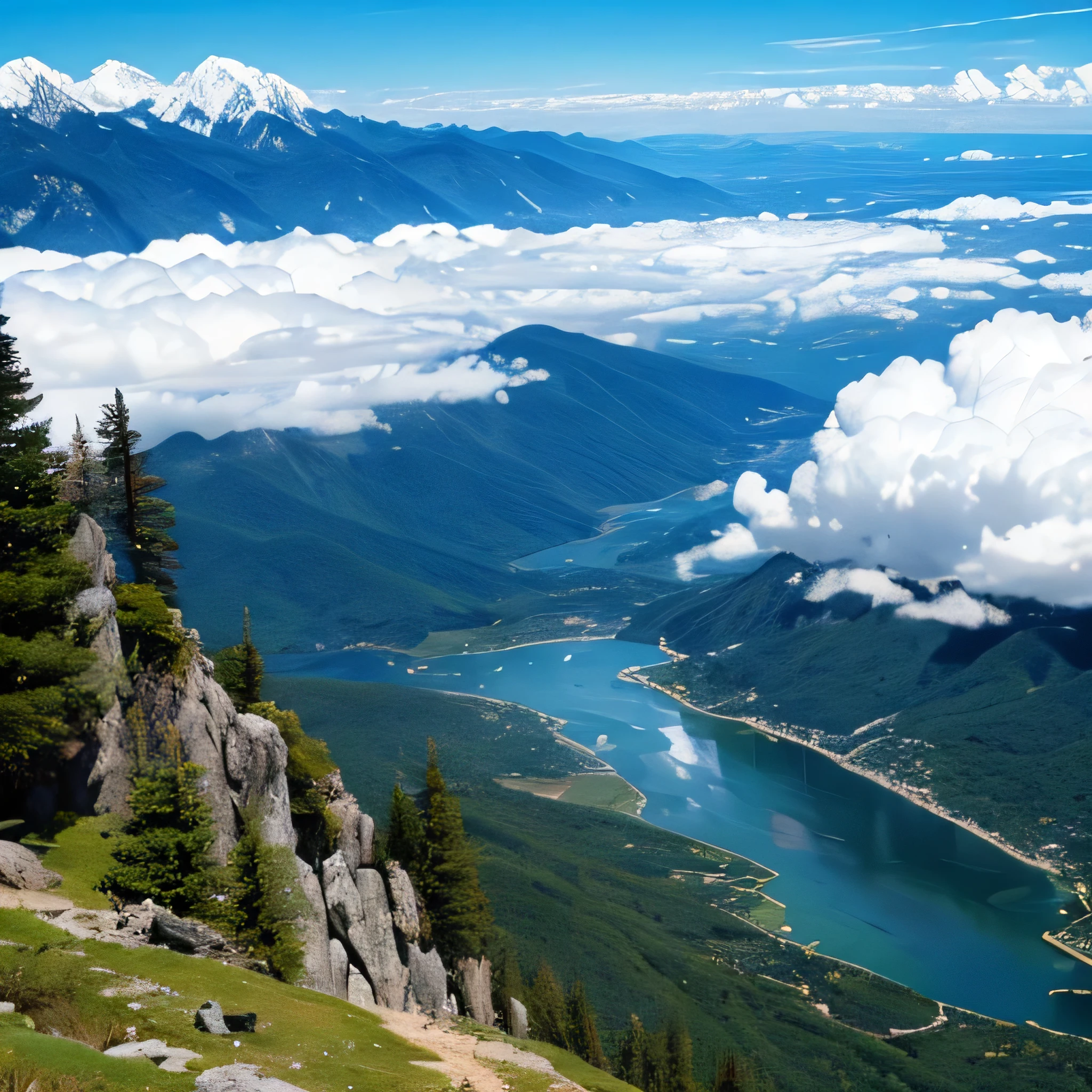 Un paisaje hermoso, epico, very wide seen from a very high mountain with clouds in the background, en un atardecer, with mountains on the sides with forests closer and a river with a lake in the center and very fantastic