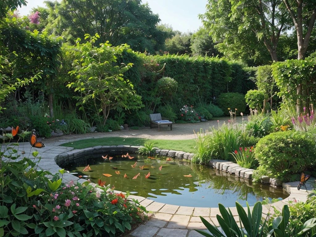Nice single story house in a beautiful garden, butterflies, birds, small animals, pond with fish,