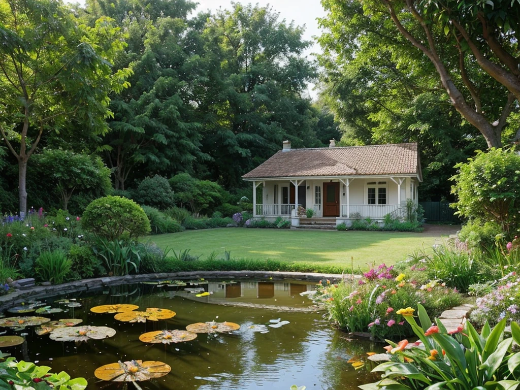 Nice single story house in a beautiful garden, butterflies, birds, small animals, pond with fish, 