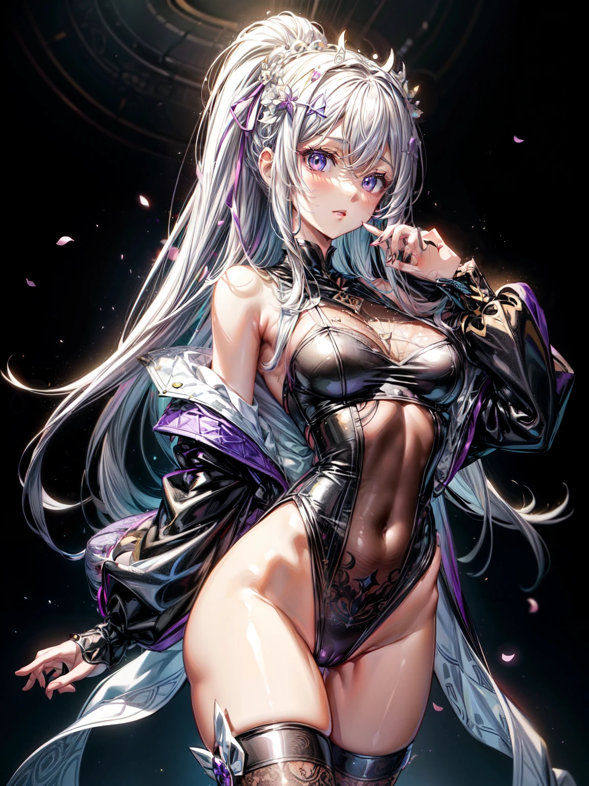 Emilia re:zero, purple eyes, Emilia, crown braid, x hair ornament, flower hair ornament, white hair, long hair, cute pose, kawaii,medium breasts, ((Masterpiece)), best quality, absurderes, ultra detailed, holographic, cowboy shot, golden ratio, super cute girl, mature girl, idol girl, super beautiful asian girl with very beautiful violet glowing eyes, beautiful glowing brown multicolored hair, high ponytail, nice and sexy body, slim body, perfect body, wearing a super tight anime printed leotard, an anime printed super tight off shoulder long sleeve crop top, a super aesthetic transparent mini jacket, beautiful hair ornament, pink jordan tennis, being photographed in a mall shop with her handsome skinny boyfriend, with black messy black glowing hair, and super casual clothing