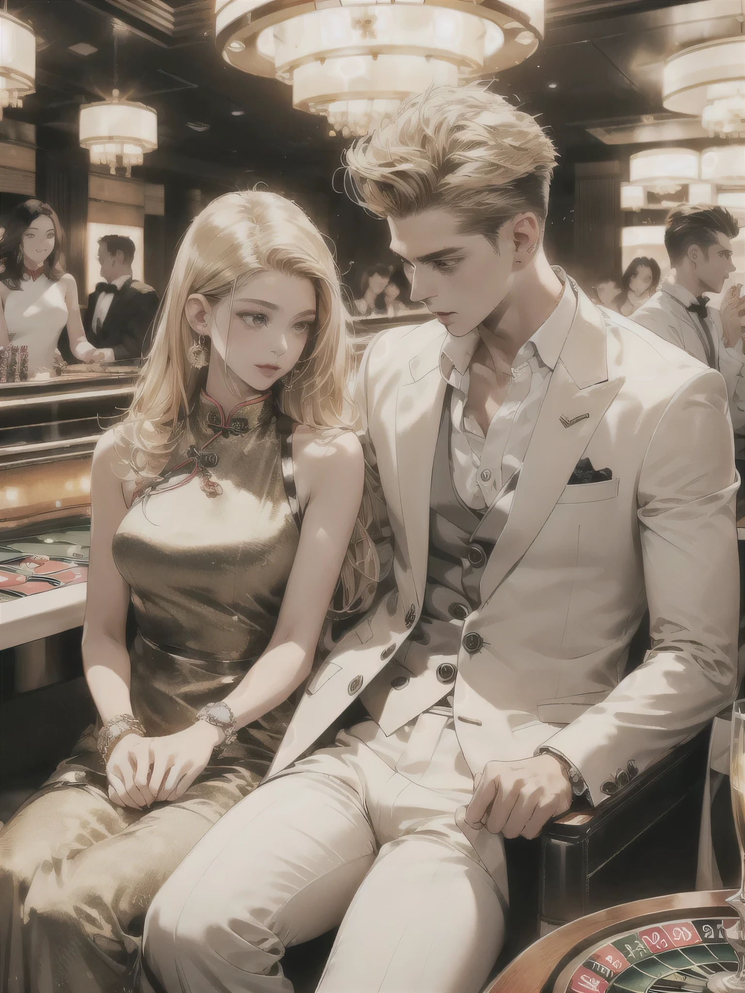 ((best quality),(masterpiece),(ultra detailed), a handsome man, he is wearing white suits, two beautiful girls sitting beside him, faux hawk hairstyle, long blonde hair, seductive eyes, the women are wearing cheongsam, casinos, champagne bottles, looking straight forward, money