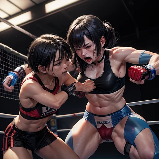 Intense violence. Bending over. The face is crumpled by the punch of the opponent. Dynamic action. She is suffering. She is cornered in a wire fence, badly beaten by her opponent. She is wearing a sports bra and high-leg panties. Her opponent tries to kill her with a powerful punch. They are exhausted. Two young, beautiful Japanese mixed martial artists are fighting in the octagon. They are slamming their fists into their opponents' bodies. They are covered in blood. Their mouths open, drooling, one eye closed, short of breath. They are sweating profusely. Short-cut black hair. Open finger gloves. Erect nipples. Small breasts.