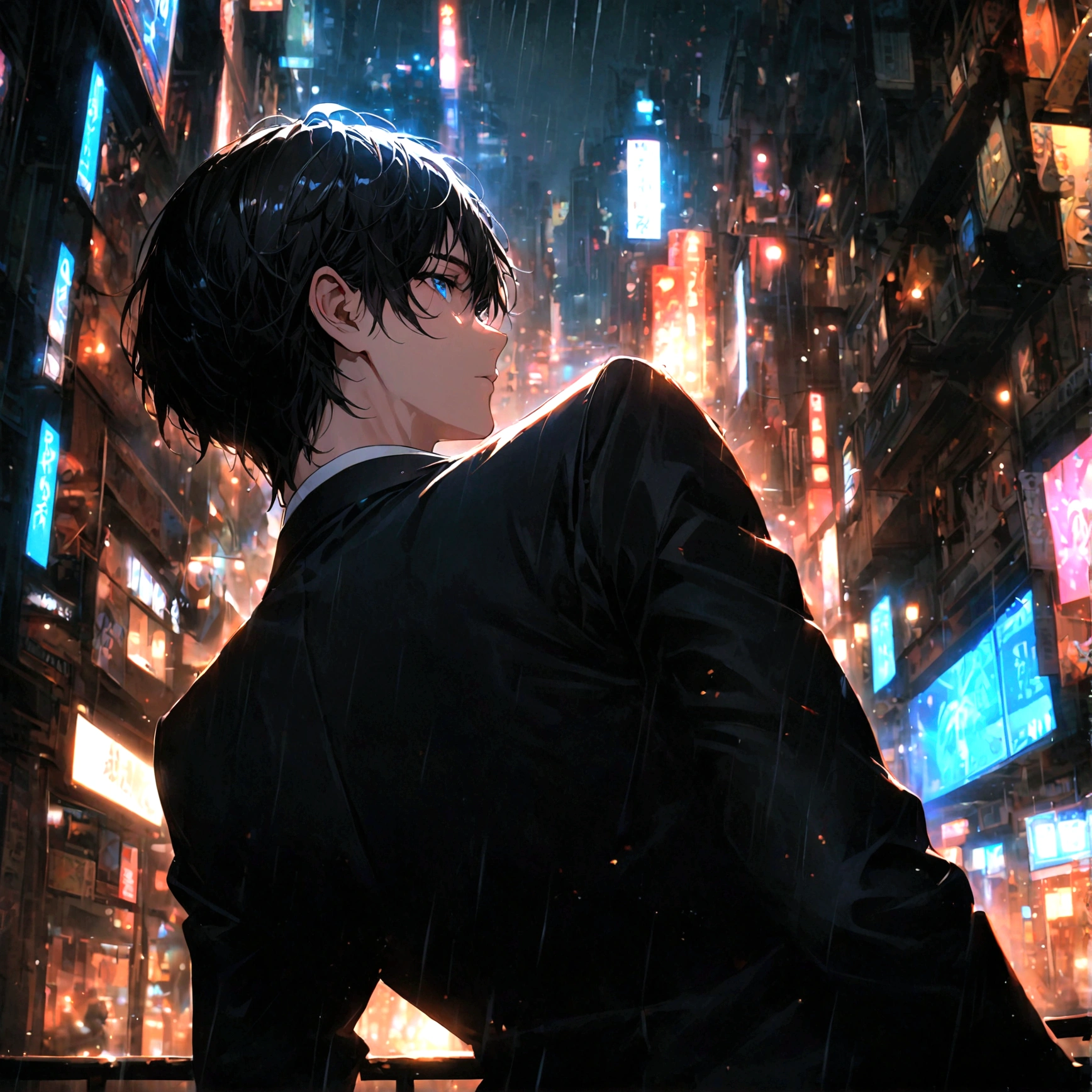 A young man with black hair and blue eyes, all in a black suit, turned his back and half his face in the middle of the city at night.