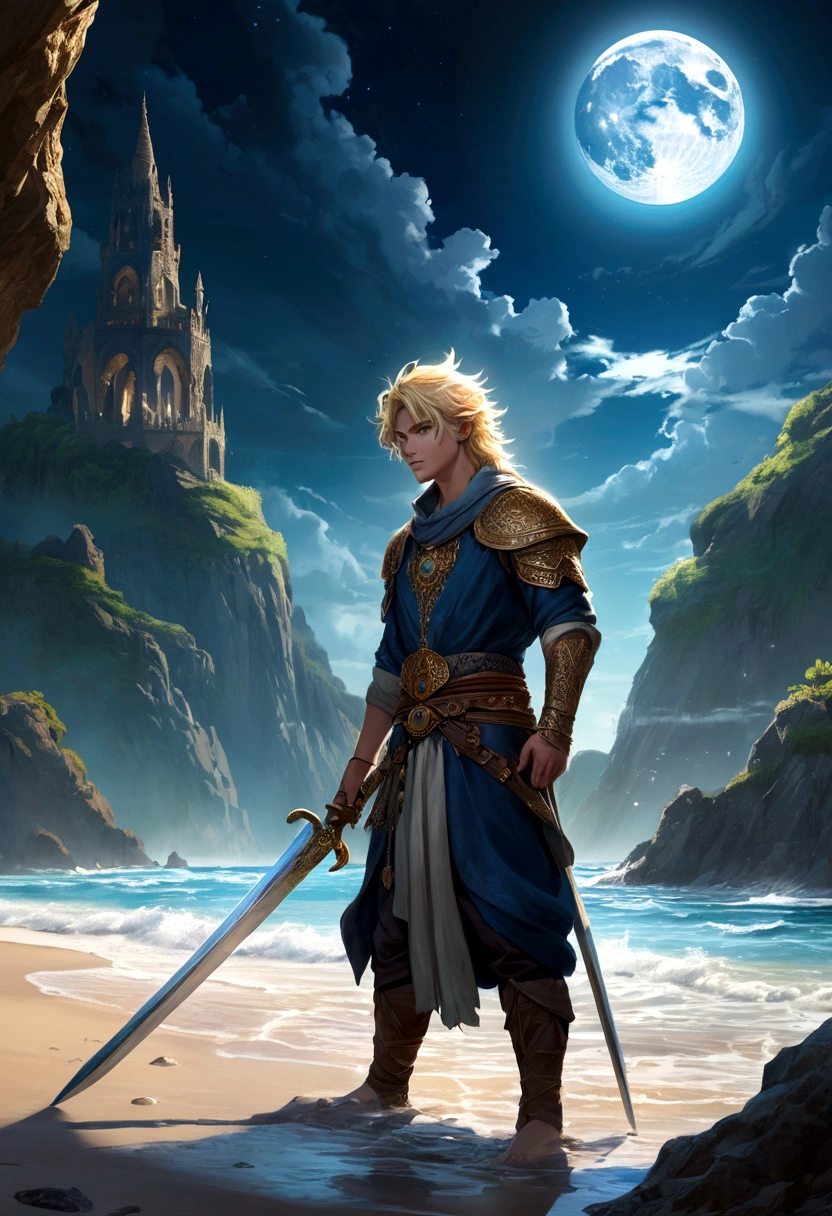 In a mesmerizing silhouetted scene of a giant moon with its surface marked by vividly detailed craters, with radiant sunlight, in a fantastical world bathed in ethereal light, a lone young man who is carrying a sword stands confidently on a serene beach, looking forward with determination in her eyes, with blue waves gently kissing the shore. Behind him, the landscape is both familiar and otherworldly, with ancient structures partially submerged in water, giving the impression that once upon a time there was a great civilization, now in ruins. He has spiky blond hair that shines in the sun, a reflection of his vibrant and adventurous spirit. Around the neck hangs a distinctive pendant, reflecting the light with a touch of mystery. In his hand he holds an enormous sword, beautifully crafted and ornamented with stones, its blade glowing with a magical aura, suggesting that this weapon is not just for combat. The atmosphere is filled with a sense of tranquility, mystery, serenity and adventure. The young man looks at the horizon with a determined and victorious expression, as if he is ready to embark on a new journey, face an imminent challenge or cast a powerful spell. ((frontside)) ((8k)
