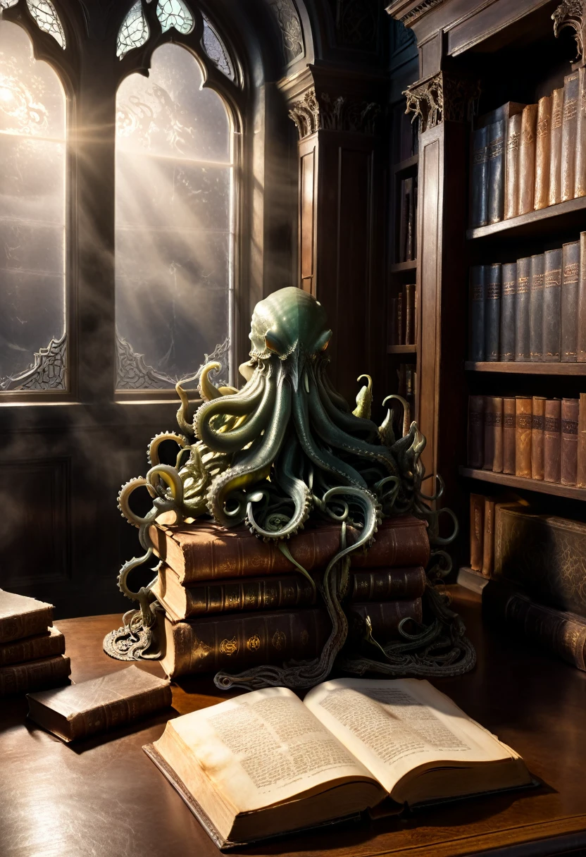 Horror style, an old book in the dark corner of the library, depicting Cthulhu's tentacles, surrounded by dusty books, the light from the high window lit up the book, the background was full of mysterious atmosphere of the library, (masterpiece, best quality, Professional, perfect composition, very aesthetic, absurdres, ultra-detailed, intricate details:1.3)