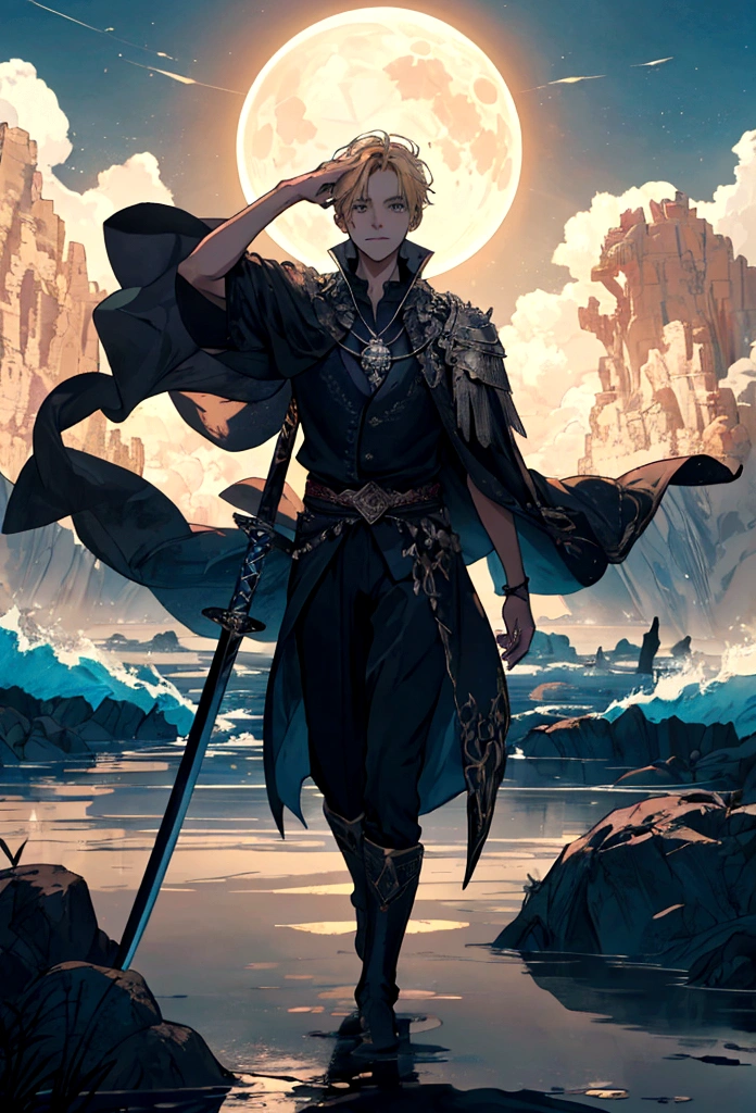 In a mesmerizing silhouetted scene of a giant moon with its surface marked by vividly detailed craters, with radiant sunlight, in a fantastical world bathed in ethereal light, a lone young man who is carrying a sword stands confidently on a serene beach, looking forward with determination in her eyes, with blue waves gently kissing the shore. Behind him, the landscape is both familiar and otherworldly, with ancient structures partially submerged in water, giving the impression that once upon a time there was a great civilization, now in ruins. He has spiky blond hair that shines in the sun, a reflection of his vibrant and adventurous spirit. Around the neck hangs a distinctive pendant, reflecting the light with a touch of mystery. In his hand he holds an enormous sword, beautifully crafted and ornamented with stones, its blade glowing with a magical aura, suggesting that this weapon is not just for combat. The atmosphere is filled with a sense of tranquility, mystery, serenity and adventure. The young man looks at the horizon with a determined and victorious expression, as if he is ready to embark on a new journey, face an imminent challenge or cast a powerful spell. ((frontside)) ((8k)