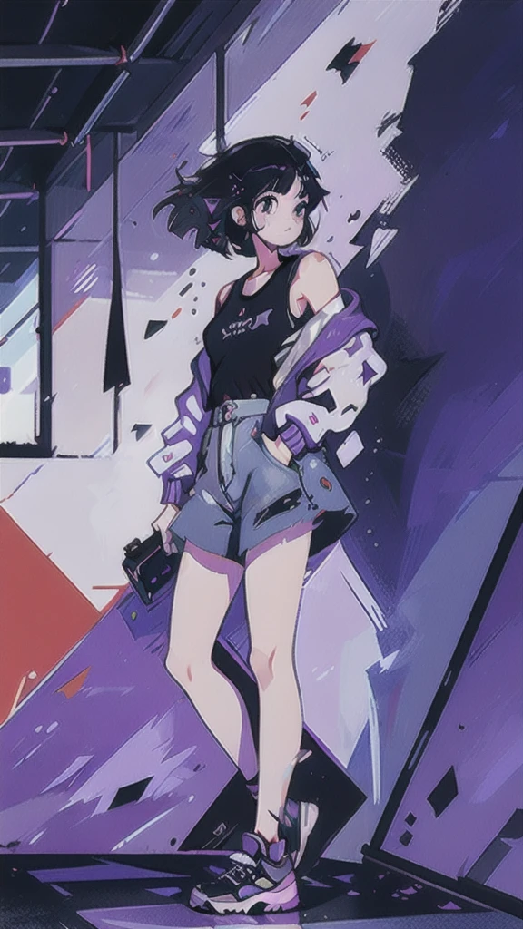 Tomboy girl, Smart, Sexy, Short Black Hair, Purple Pupil Eyes, wear plain chokers, wearing a short purple jacket, Black Tank Top, Long Black Jeans, black sneaker shoes with purple ties, Standing, Mess room, Abandoned Rooms, Dusted, Intimidated face, Midnight.