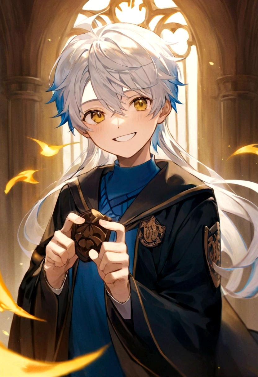 Ravenclaw uniform, Ravenclaw emblem, black robe. Beautiful face boy. Very smart. white Hair. Amber yellow eyes. Hogwarts. Cheerful. Smile. Blue clothes