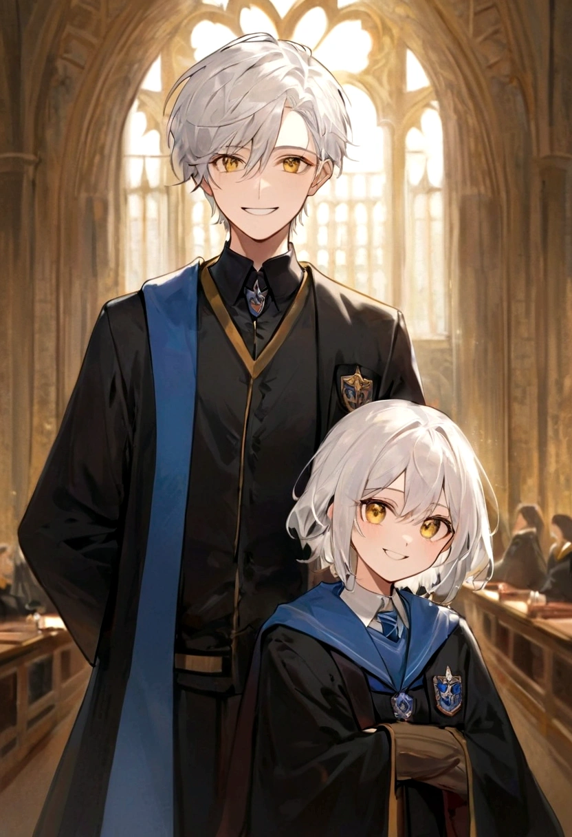 Ravenclaw uniform, Ravenclaw emblem, black robe. Beautiful face boy. Very smart. white Hair. Amber yellow eyes. Hogwarts. Cheerful. Smile. Blue clothes