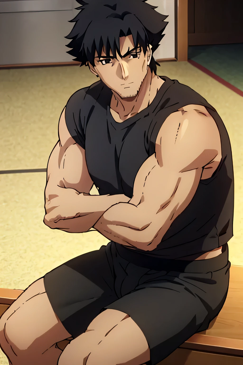 Kiritsugu is sitting and flexing his buff biceps and thighs. He wears black short boxershorts. You can see his thighs. He wears a black tshirt with short sleeves. His right sleeve is completely rolled up so you can see his entire arm and shoulder. He is showing his abs too. He is admiring his arms.