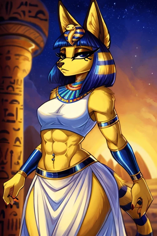 ((best quality)), ((masterpiece)), (detailed), a digital artwork of a sexy ankha with abs wearing a crop top of her white sleeveless dress outfit with white long dress skirt, a bare midriff and a bare navel, sideview, Egypt setting, navel piercing, furry, anthro style,