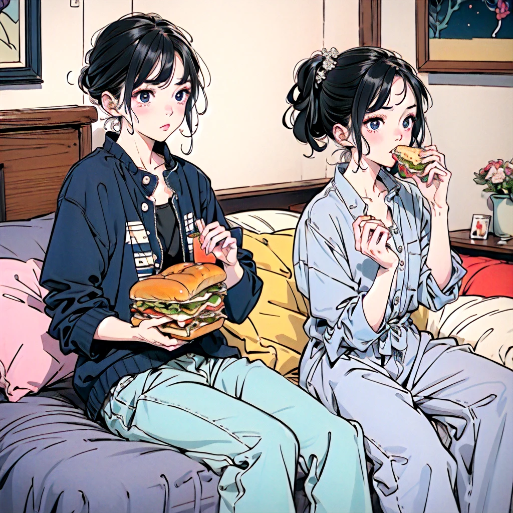 There is a woman eating sandwiches and food on her bed, by Harumi Hironaka, by Yanagawa Nobusada, by Shinoda Toko, inspired Josan Gonzalez, inspired by Harumi Hironaka, by Yamagata Hiro, Josan Gonzalez, by satoshi kon, Mukbang, by Yuko Shimizu