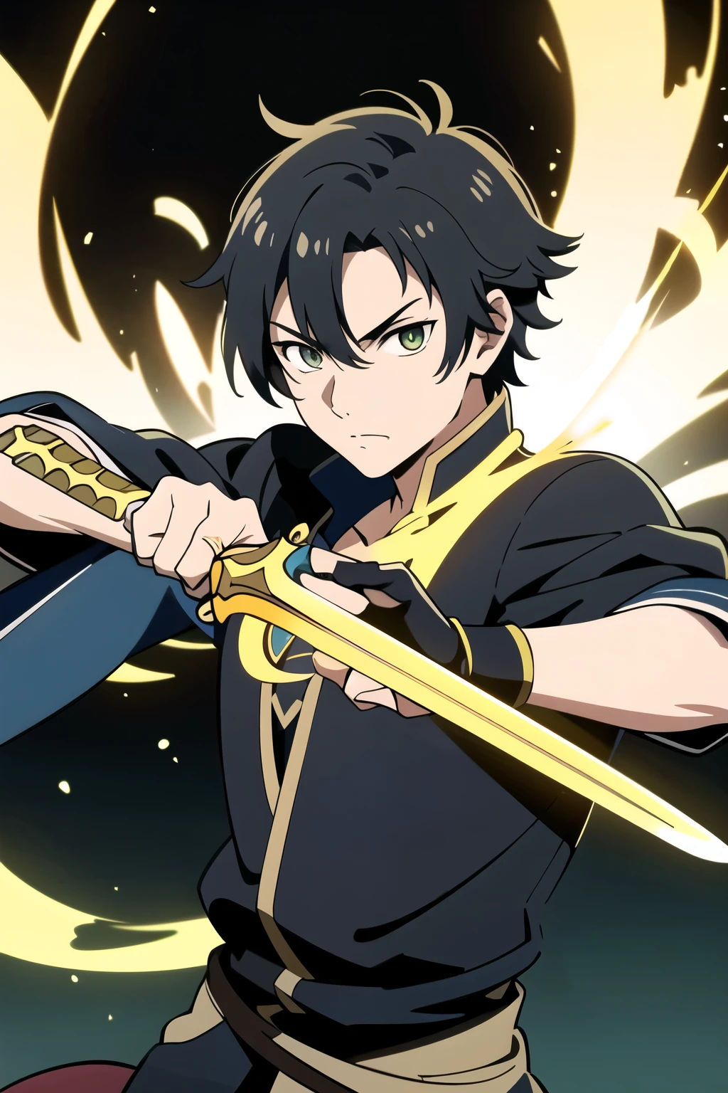 (best quality,4k,8k,highres,masterpiece:1.2), male, human, short black hair, swordsman, adventurer clothes, longsword, emanating yellow aura indicating he is powerful, tensura anime art style, detailed eyes, (Very Attractive)