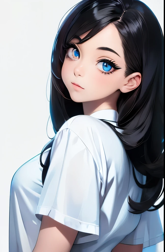 anime,(face),(beautiful detailed eyes), black hair,sliver eyes, masterpiece,looking at viewer, best_quality,white background,masterpiece,white shirt, arms behind back,