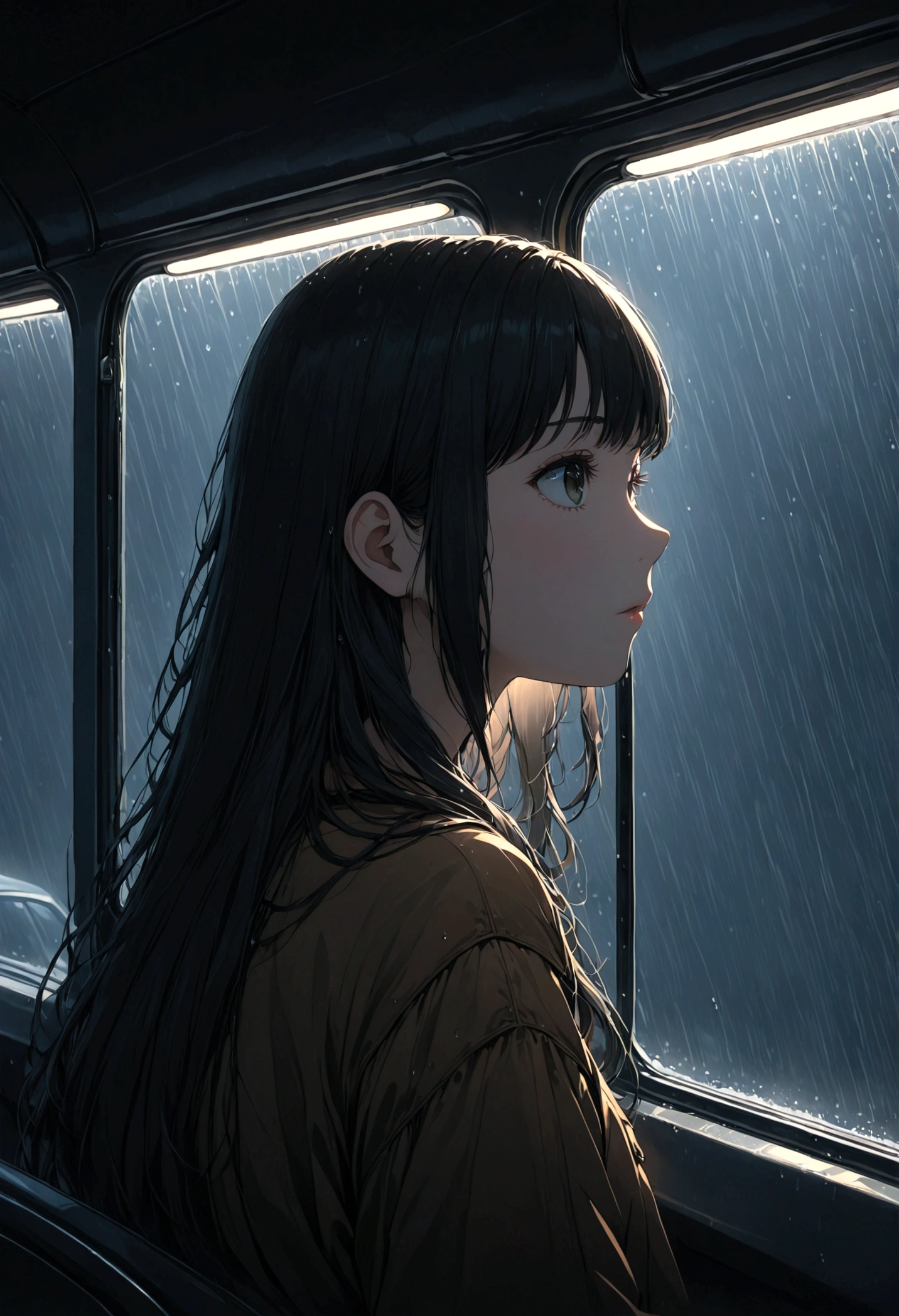 ((masterpiece), Absurd quality, 16k, detailed, (masterpiece:1.2), (pale_skin:1.2), (alone:1.2), (woman), thin, (Shine_eye), Long Hair, bangs, Black Hair, Outdoor, No sleeve, Dimly lit subway. The perspective camera captures the entire vehicle.  The girl in profile is breathing in the cold air from her breath. A dim light shines in from outside through the cold raindrops on the fogged-up windows, illuminating the atmosphere inside the car..A girl with a calm and thoughtful expression