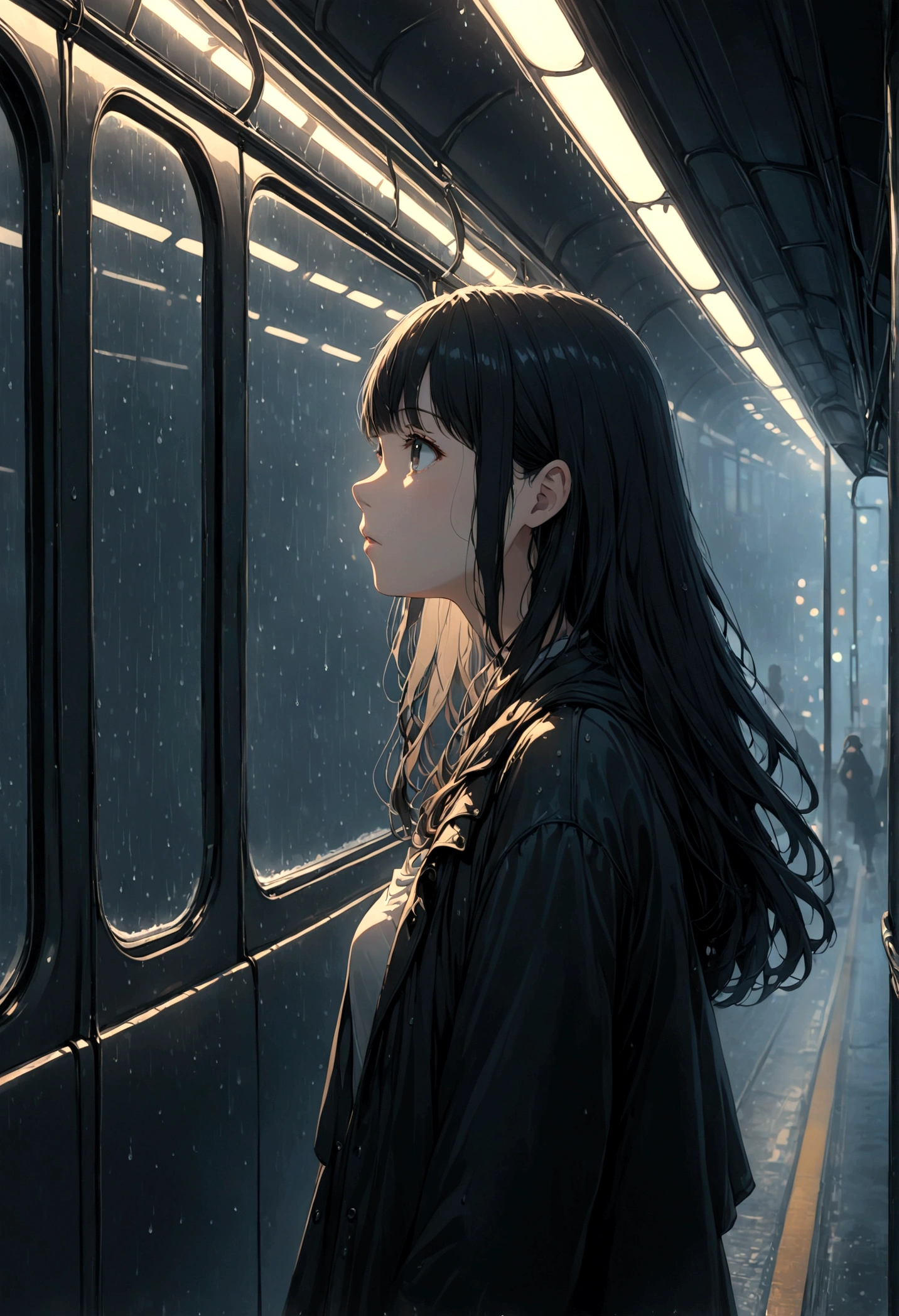 ((masterpiece), Absurd quality, 16k, detailed, (masterpiece:1.2), (pale_skin:1.2), (alone:1.2), (woman), thin, (Shine_eye), Long Hair, bangs, Black Hair, Outdoor, No sleeve, Dimly lit subway. The perspective camera captures the entire vehicle. The girl in profile is breathing in the cold air from her breath. A dim light shines in from outside through the cold raindrops on the fogged-up windows, illuminating the atmosphere inside the car..A girl with a calm and thoughtful expression