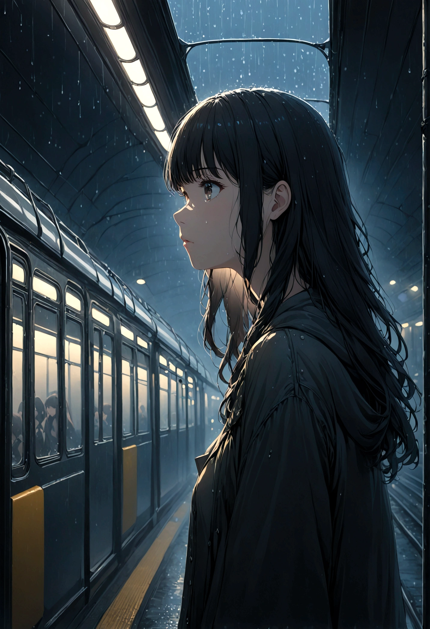 ((masterpiece), Absurd quality, 16k, detailed, (masterpiece:1.2), (pale_skin:1.2), (alone:1.2), (woman), thin, (Shine_eye), Long Hair, bangs, Black Hair, Outdoor, No sleeve, Dimly lit subway. The perspective camera captures the entire vehicle.  The girl in profile is breathing in the cold air from her breath. A dim light shines in from outside through the cold raindrops on the fogged-up windows, illuminating the atmosphere inside the car..A girl with a calm and thoughtful expression