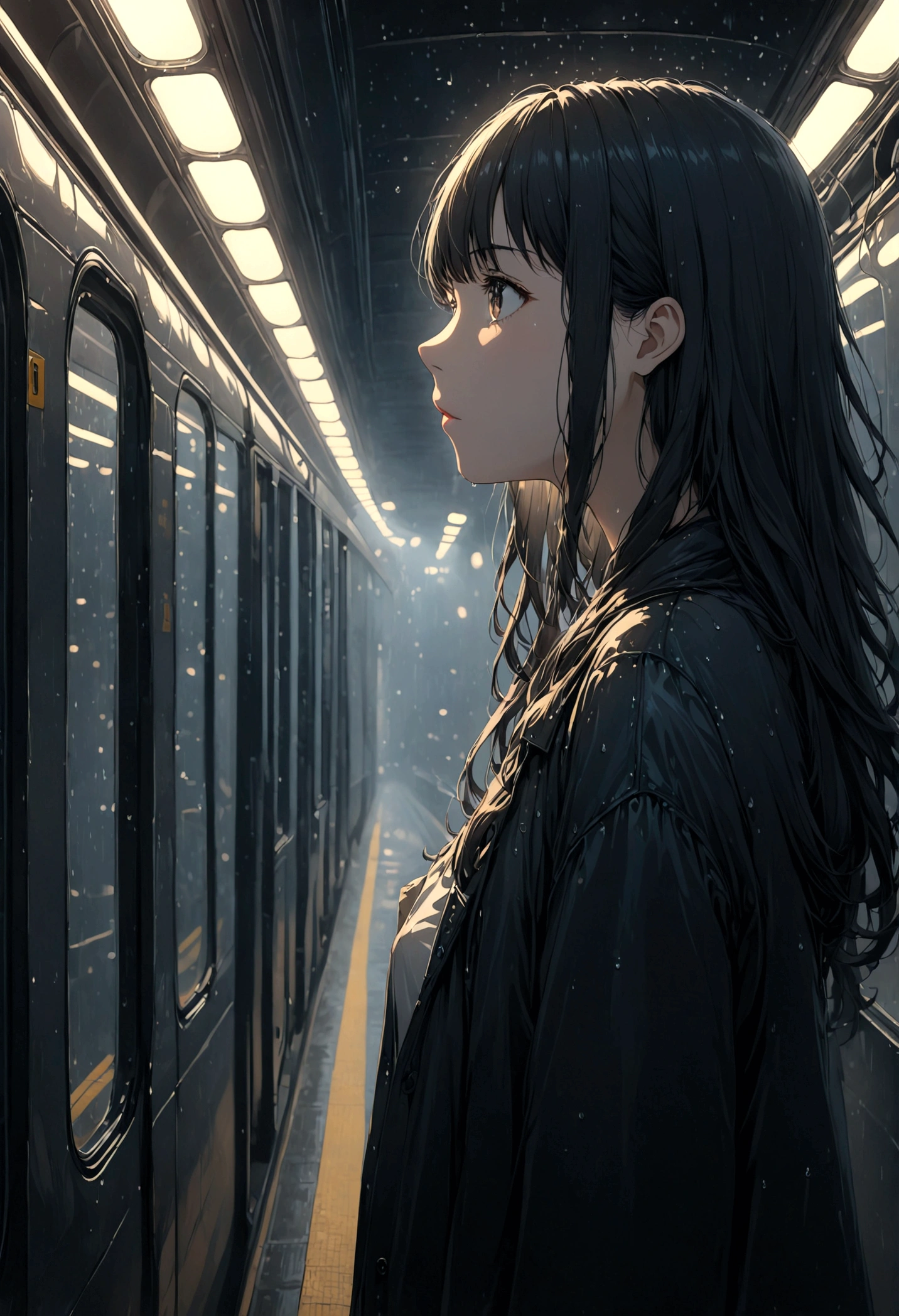 ((masterpiece), Absurd quality, 16k, detailed, (masterpiece:1.2), (pale_skin:1.2), (alone:1.2), (woman), thin, (Shine_eye), Long Hair, bangs, Black Hair, Outdoor, No sleeve, Dimly lit subway. The perspective camera captures the entire vehicle. The girl in profile is breathing in the cold air from her breath. A dim light shines in from outside through the cold raindrops on the fogged-up windows, illuminating the atmosphere inside the car..A girl with a calm and thoughtful expression