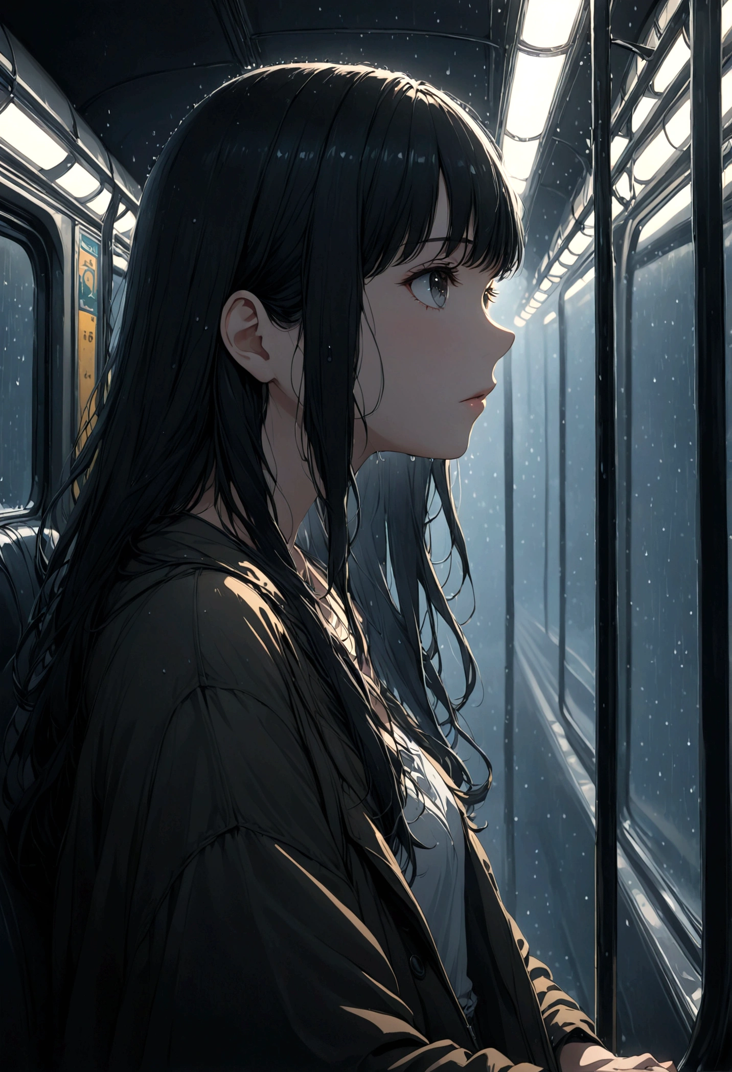 ((masterpiece), Absurd quality, 16k, detailed, (masterpiece:1.2), (pale_skin:1.2), (alone:1.2), (woman), thin, (Shine_eye), Long Hair, bangs, Black Hair, Outdoor, No sleeve, Dimly lit subway. The perspective camera captures the entire vehicle.  The girl in profile is breathing in the cold air from her breath. A dim light shines in from outside through the cold raindrops on the fogged-up windows, illuminating the atmosphere inside the car..A girl with a calm and thoughtful expression