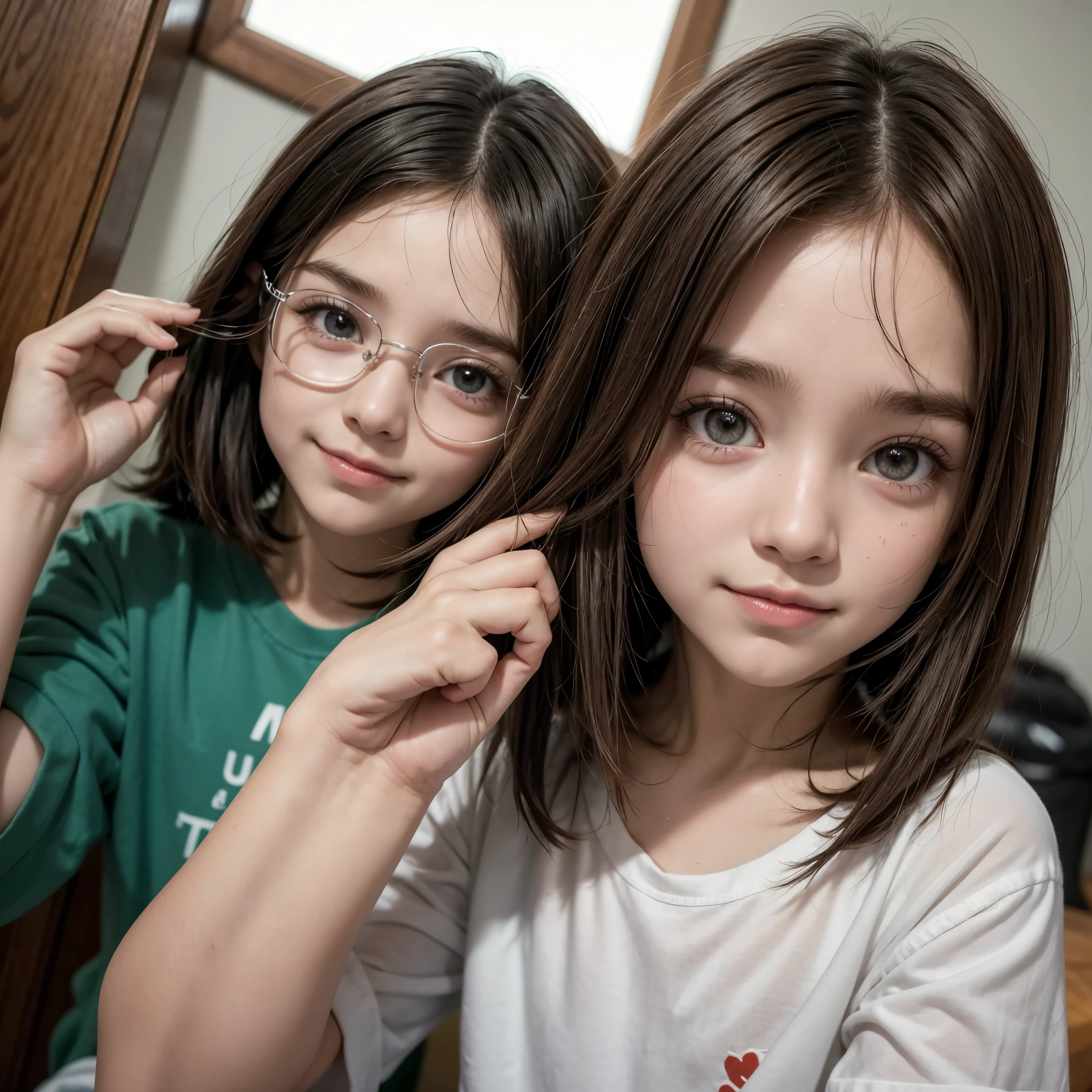 Crie uma imagem na qual um garoto e uma garota estao abracados de lado atras daqueles coracoes gigantes, The boy is brunette, alto tem cabelo cacheado castanho escuro, olhos castanhos, tem bigode e cavanhaque, the girl is short, nao tanto, tem uma testa um pouco grande, cabelo ondulado castanho claro, olhos castanhos, usa oculos, ambos estao sorrindo