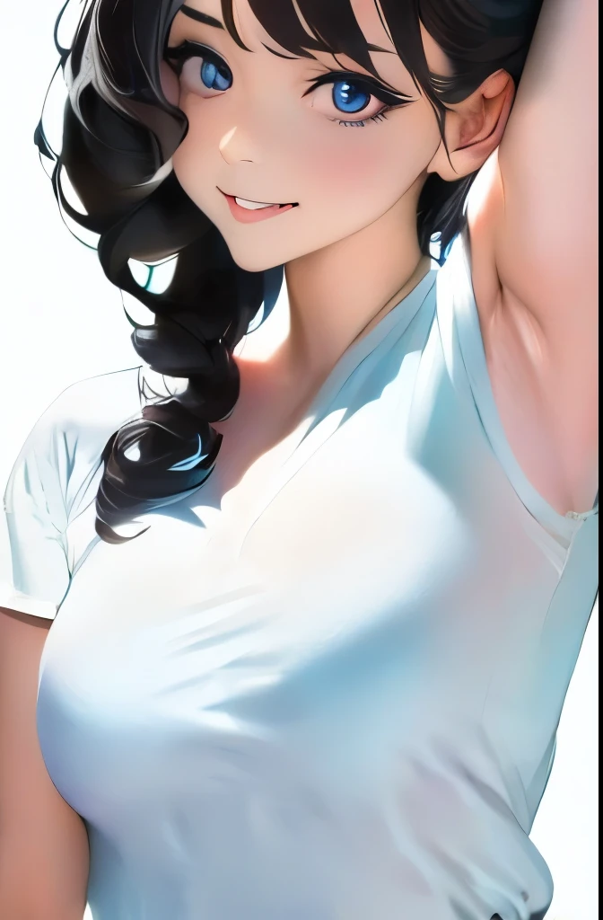 anime,(face),(beautiful detailed eyes), black hair,sliver eyes, masterpiece,looking at viewer, best_quality,white background,masterpiece,white shirt, arms behind back,  