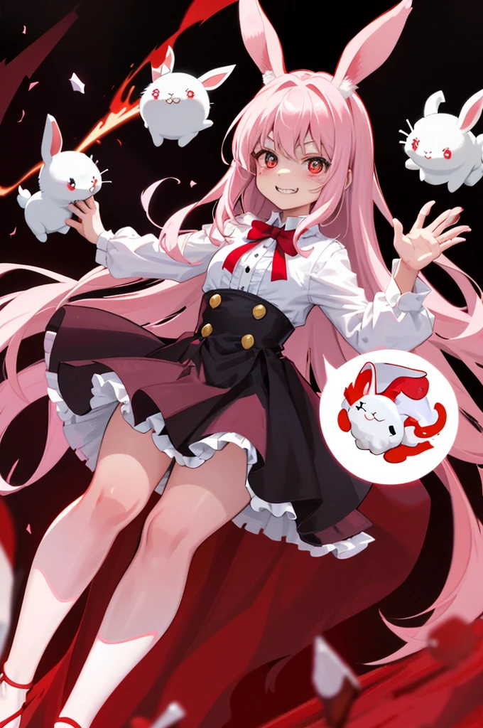 Adorable white rabbit with bright red eyes and a playful expression, goofily nibbling at the imaginary air with a mischievous grin, stands out against a backdrop of a blood-stained, dimly lit background, emitting a sense of juxtaposition and surrealism. The rabbit, despite its cute appearance, seems to have a mysterious aura surrounding it.