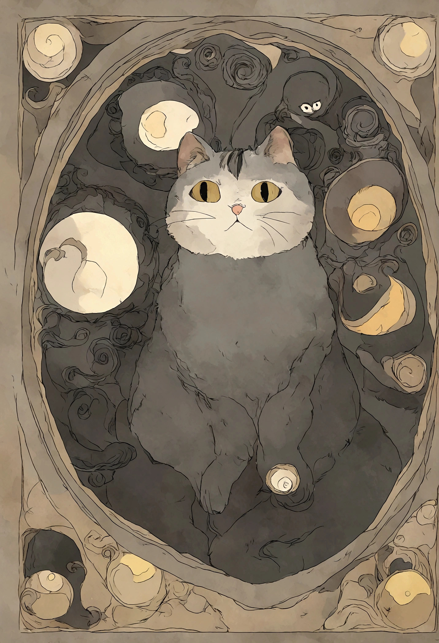 super gato, Dark grey Tabby cat with white bottom, studio_ghibli_anime_style style, 2d