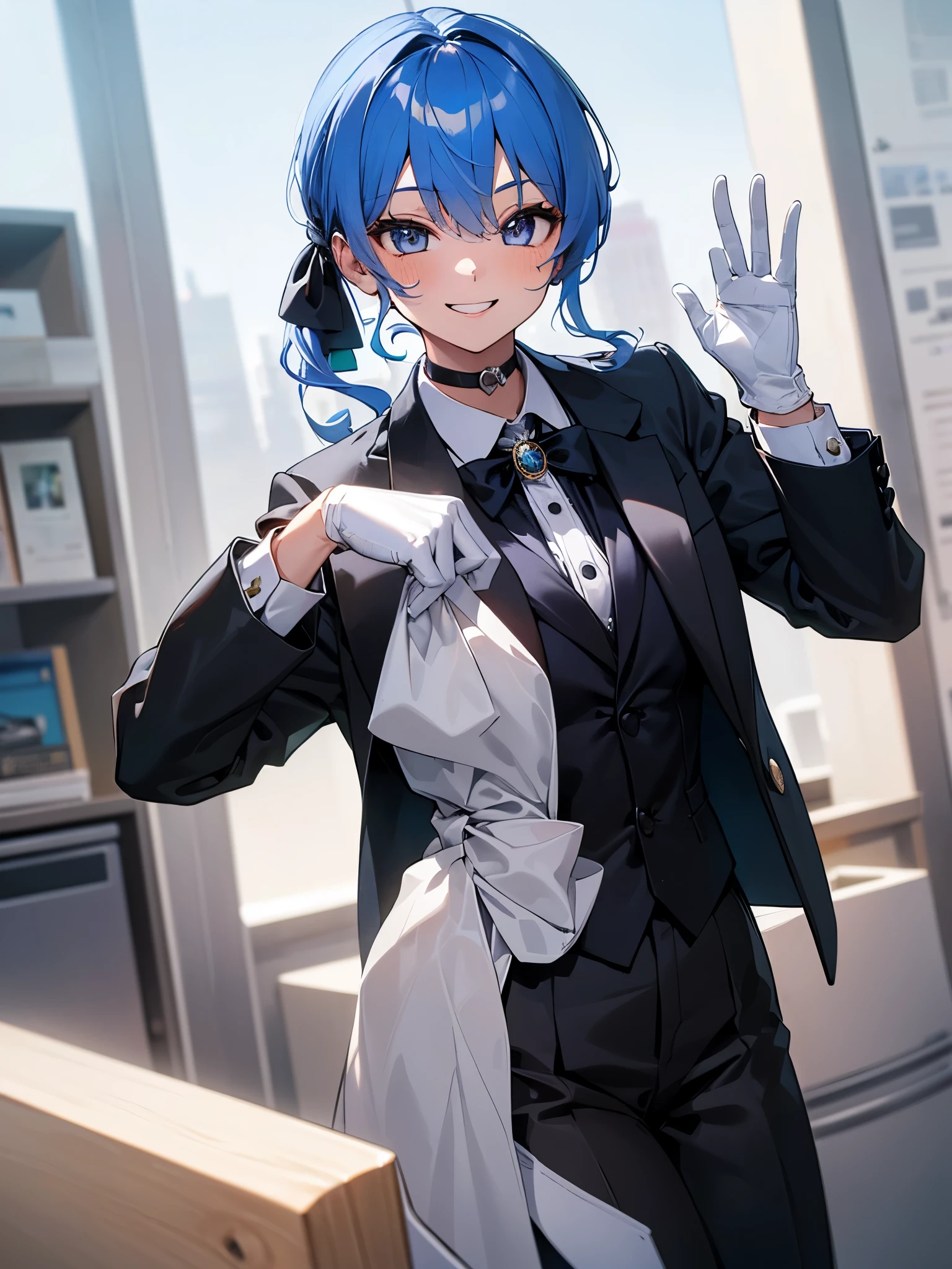 (One girl:1.5),Star Town Suisei、blue eyes、Blue Hair、choker、Hair between the eyeedium Hair、Side Ponytail、星のchoker,(Tuxedo:1.5),Suit pants,outer coat,White gloves,(Perfect hands),(Perfect ???????),(masterpiece),(highest quality),(Cool smile:1.5),Luxurious mansion,Office
