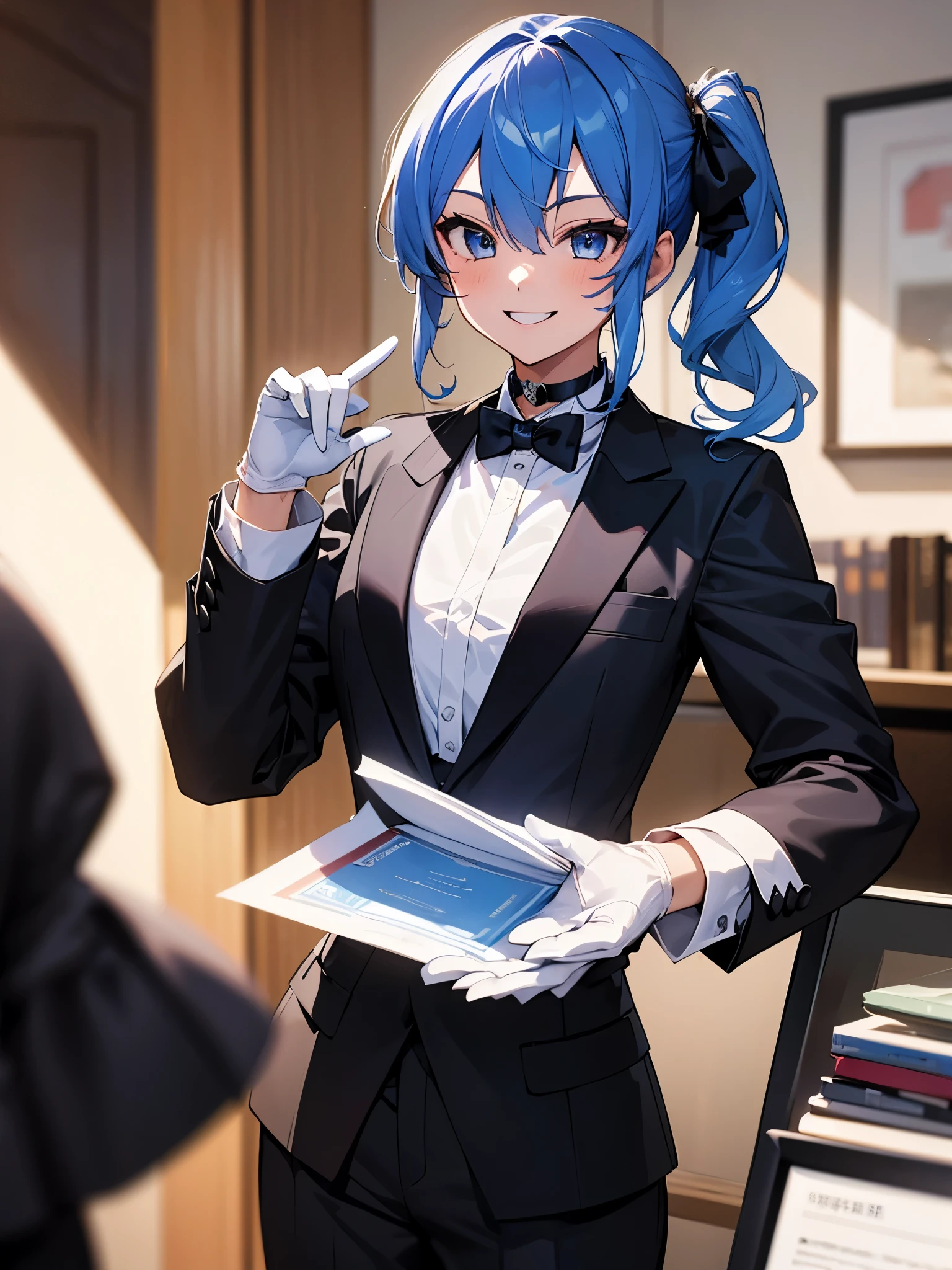 (One girl:1.5),Star Town Suisei、blue eyes、Blue Hair、choker、Hair between the eyes、Medium Hair、Side Ponytail、星のchoker,(Tuxedo:1.5),Suit pants,outer coat,White gloves,(Perfect hands),(Perfect Anatomy),(masterpiece),(highest quality),(Cool smile:1.5),Luxurious mansion,Office